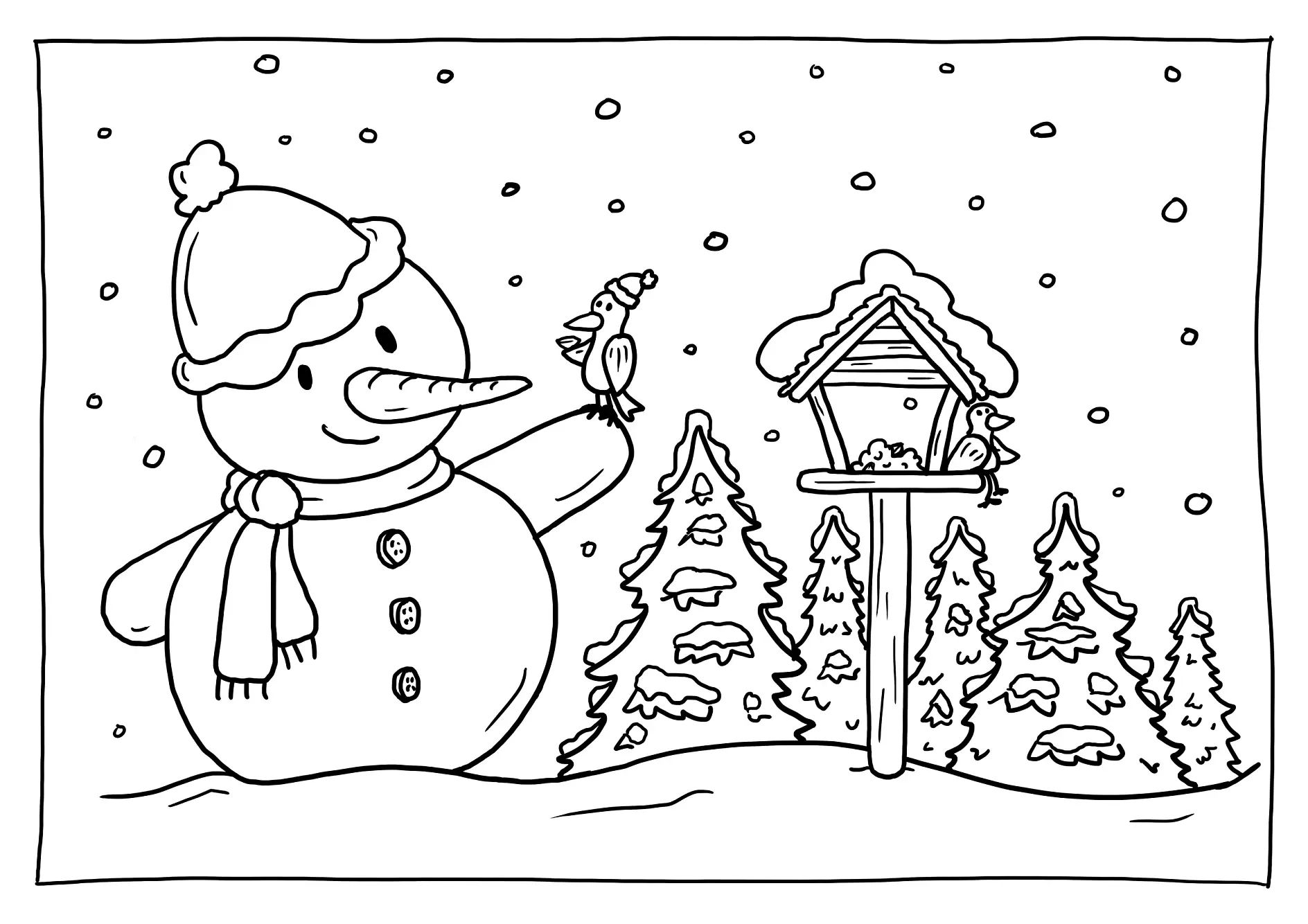 Ausmalbild Schneemann mit Vogel und Vogelhaus im Schnee