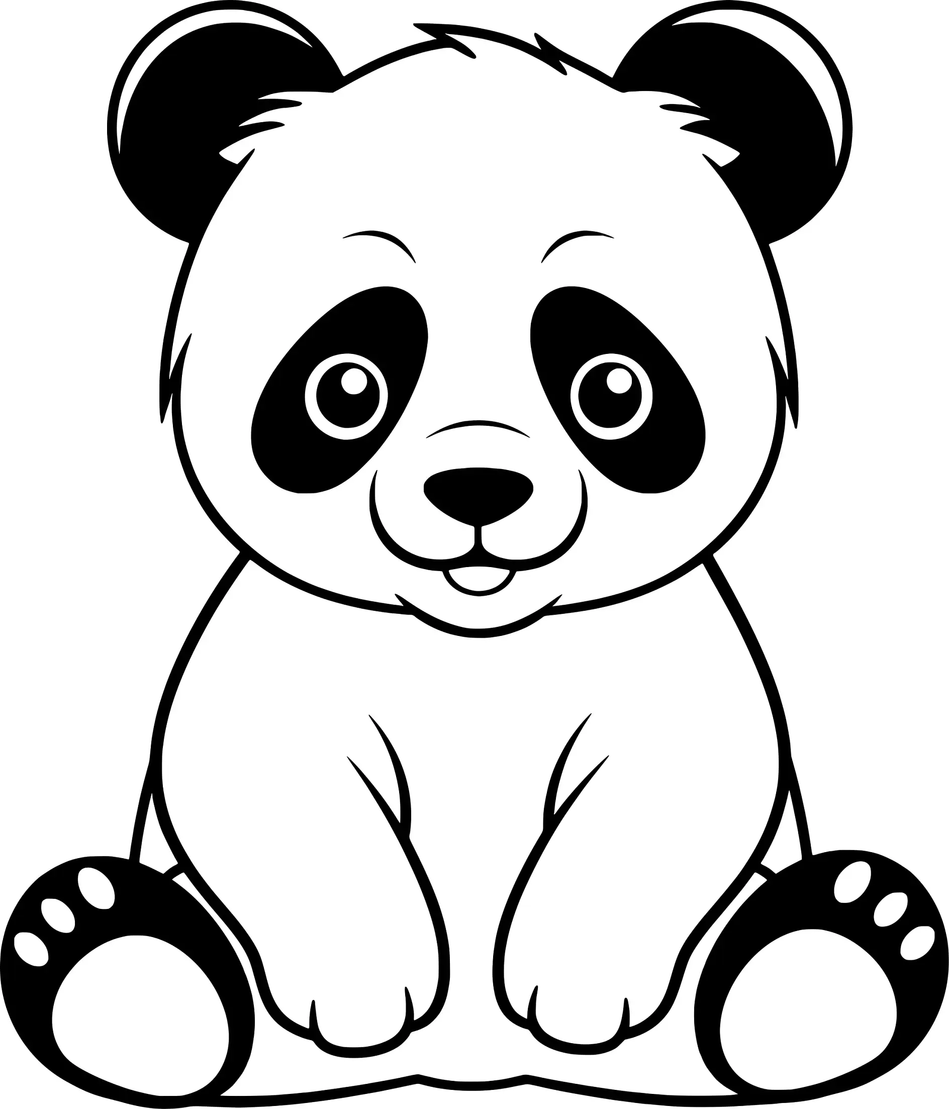 Ausmalbild sitzender Panda lächelt freundlich