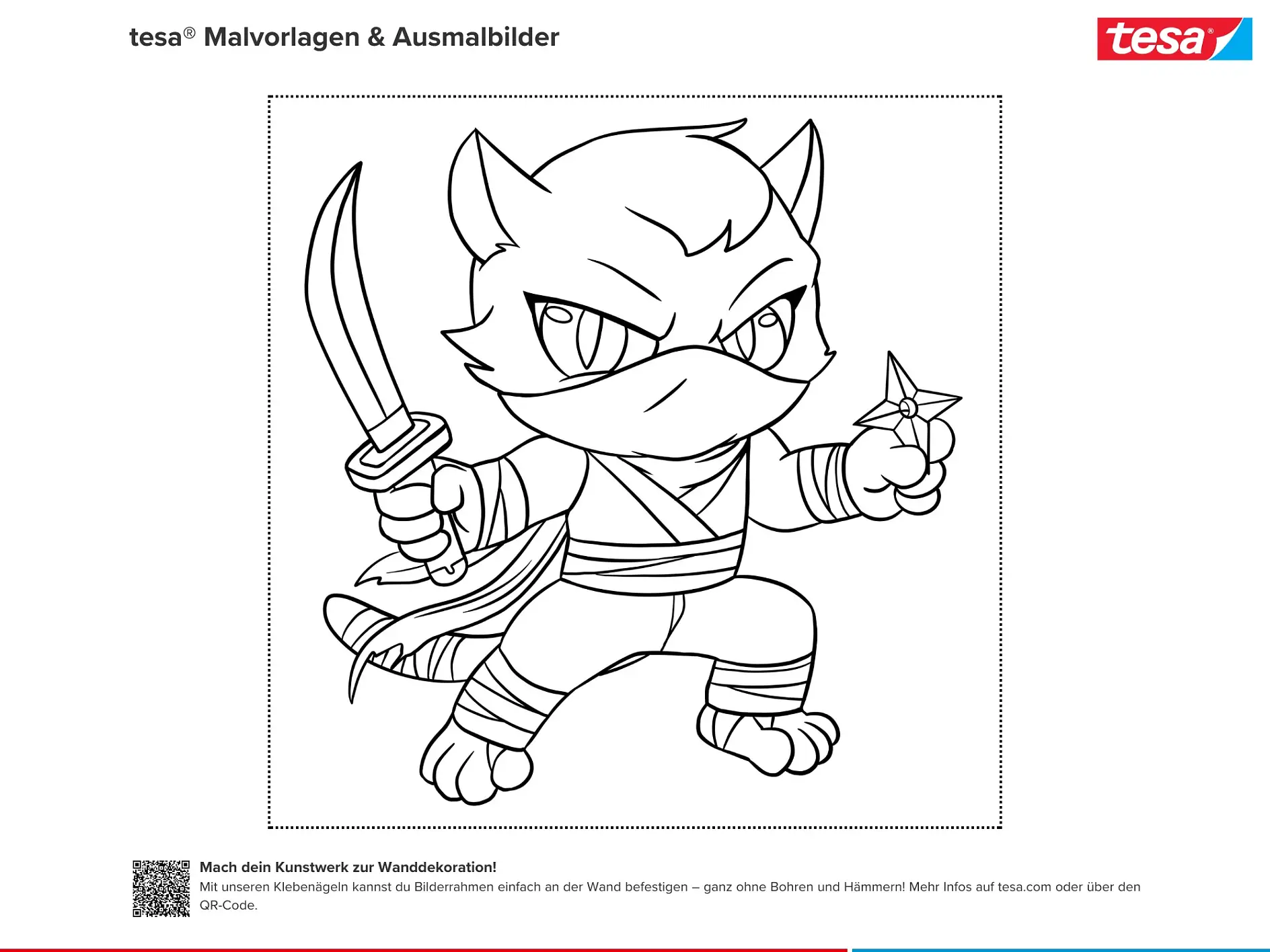 Ausmalbild Ninja Katze mit Schwert und Wurfstern