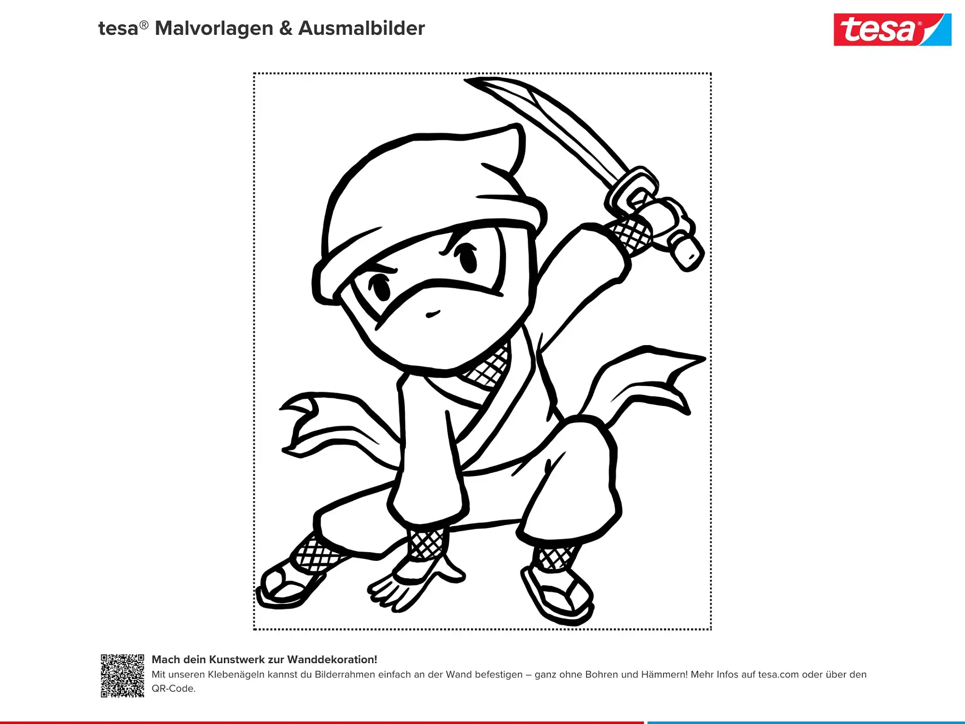 Ausmalbild Ninja mit Schwert und dynamischer Pose