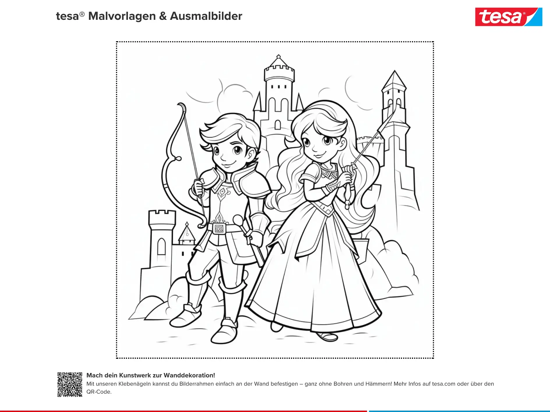 Ausmalbild Prinz und Prinzessin mit Bogen vor Schloss