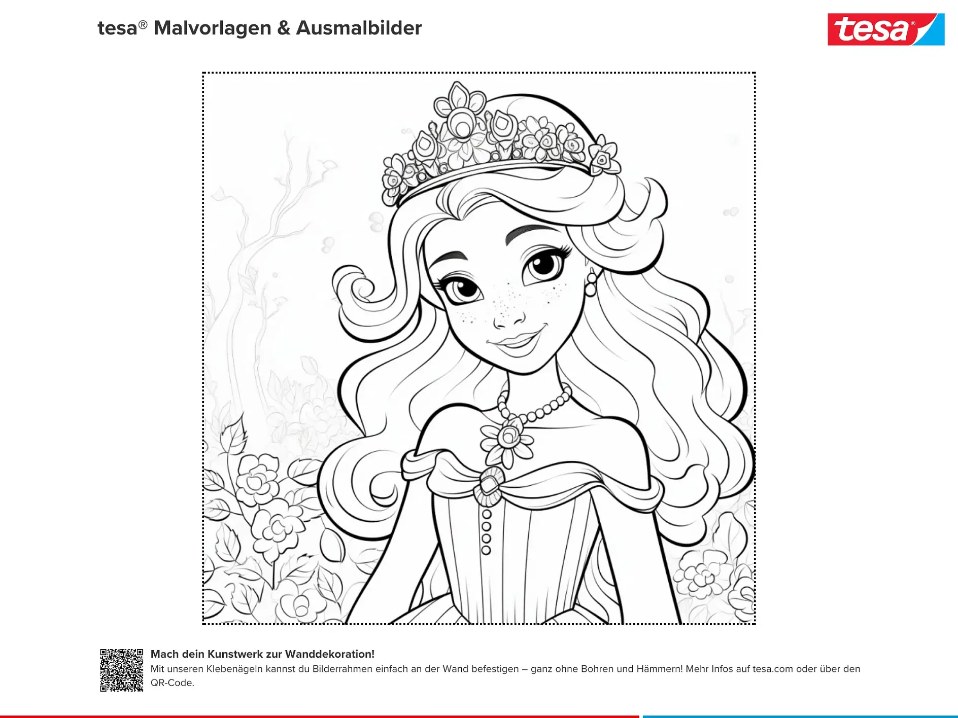 Ausmalbild Prinzessin mit Blumenkranz im Haar und Perlenkette