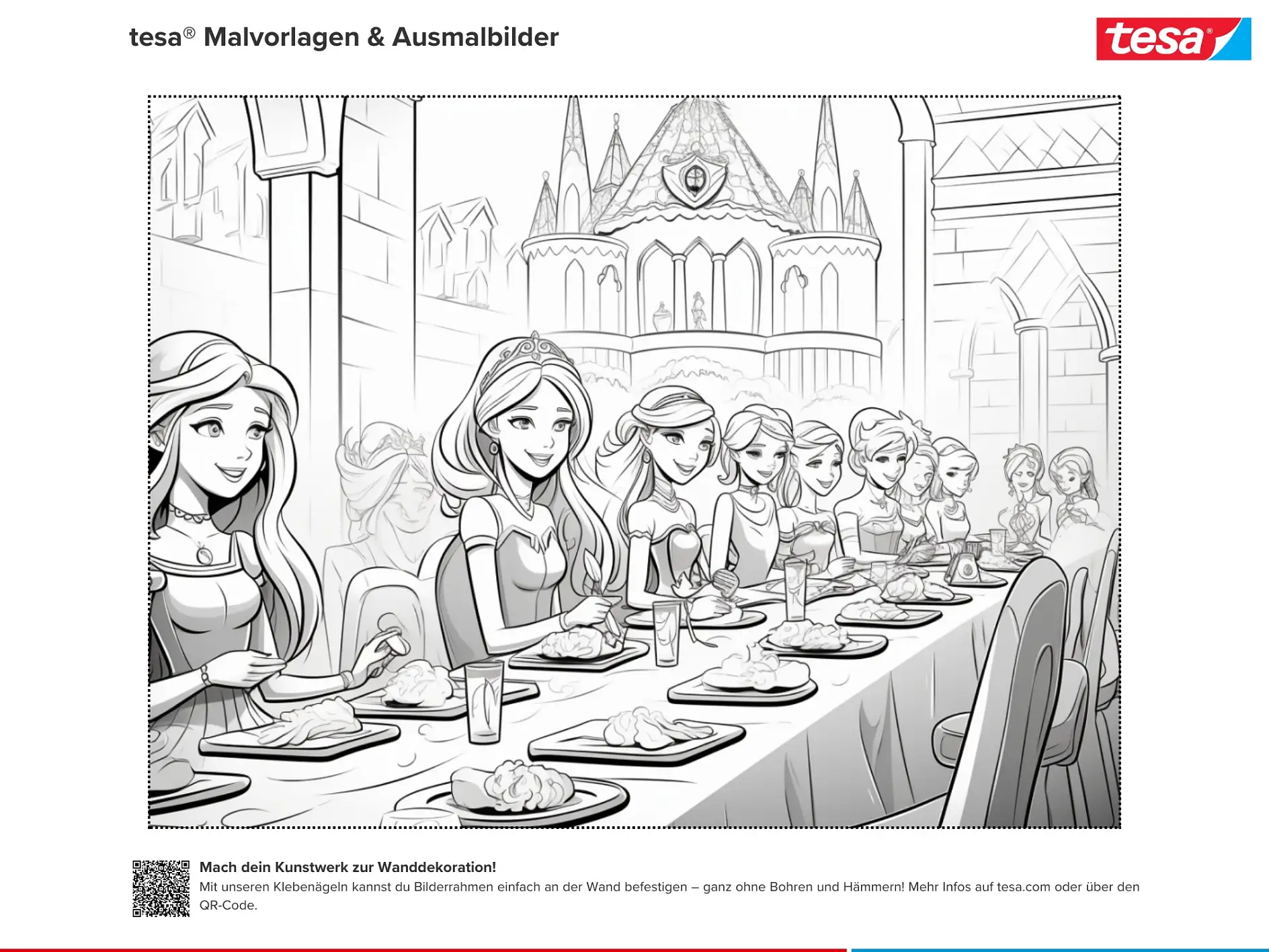 Ausmalbild Prinzessinnen beim Festmahl im Schlosshof