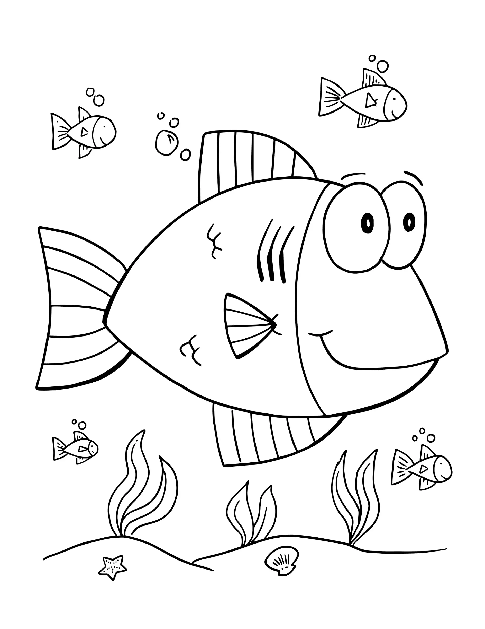Ausmalbild Fisch mit großen Augen, umgeben von kleinen Fischen und Seepflanzen