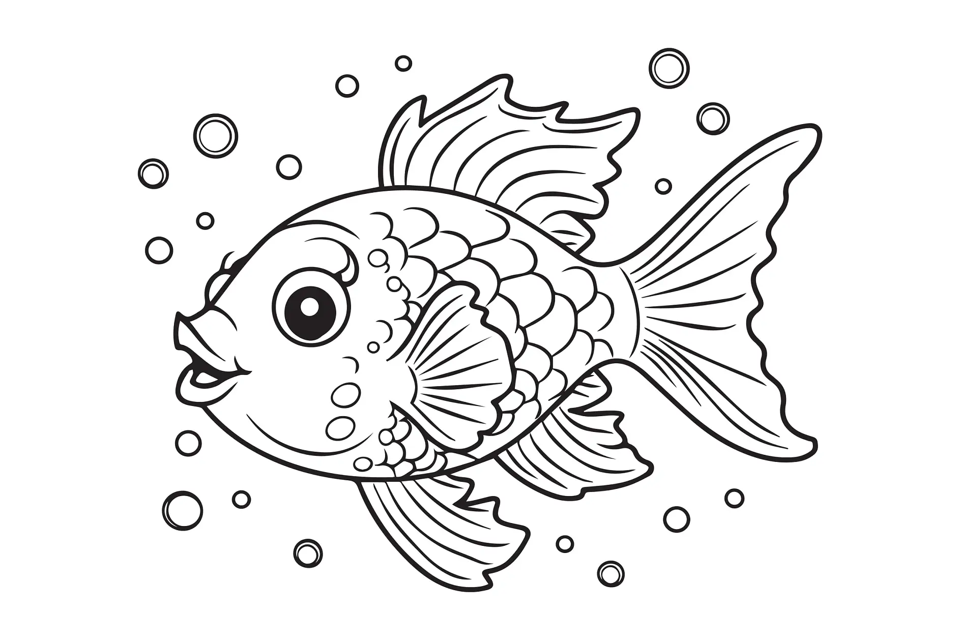 Ausmalbild Fisch mit großen Augen und Luftblasen