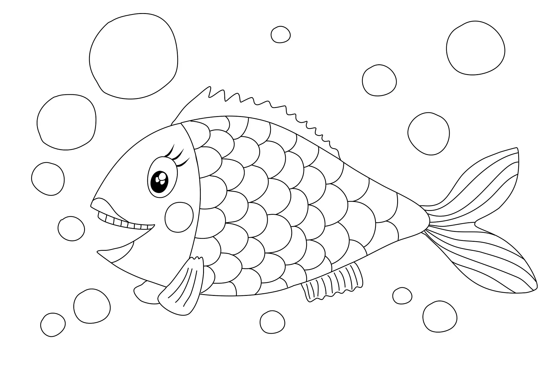Ausmalbild Fisch mit Wimpern und Blasen