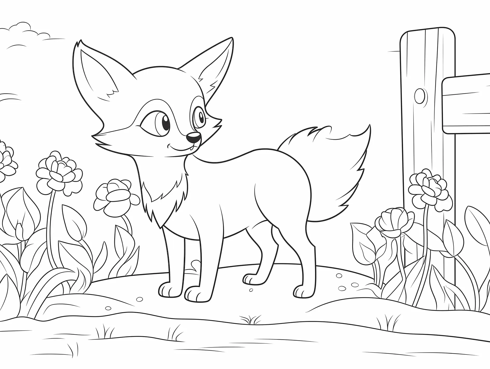 Ausmalbild Fuchs entdeckt Gartenzaun