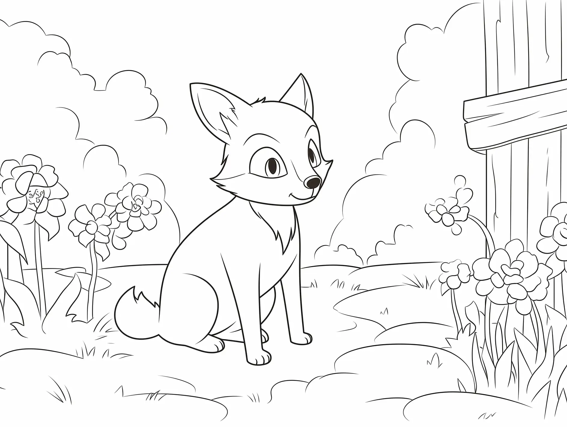 Ausmalbild Fuchs neben Holzzaun und Blumen