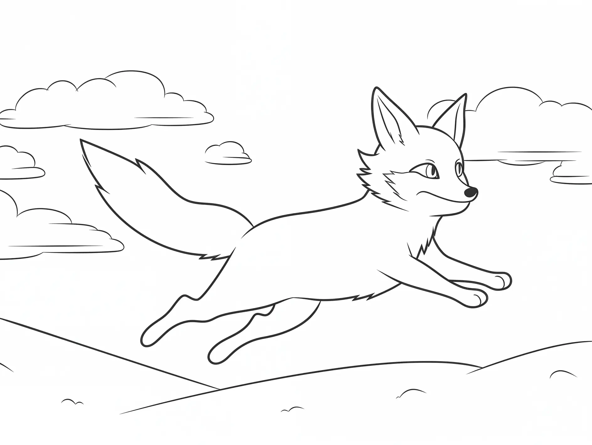 Ausmalbild Fuchs springt dynamisch über Hügel
