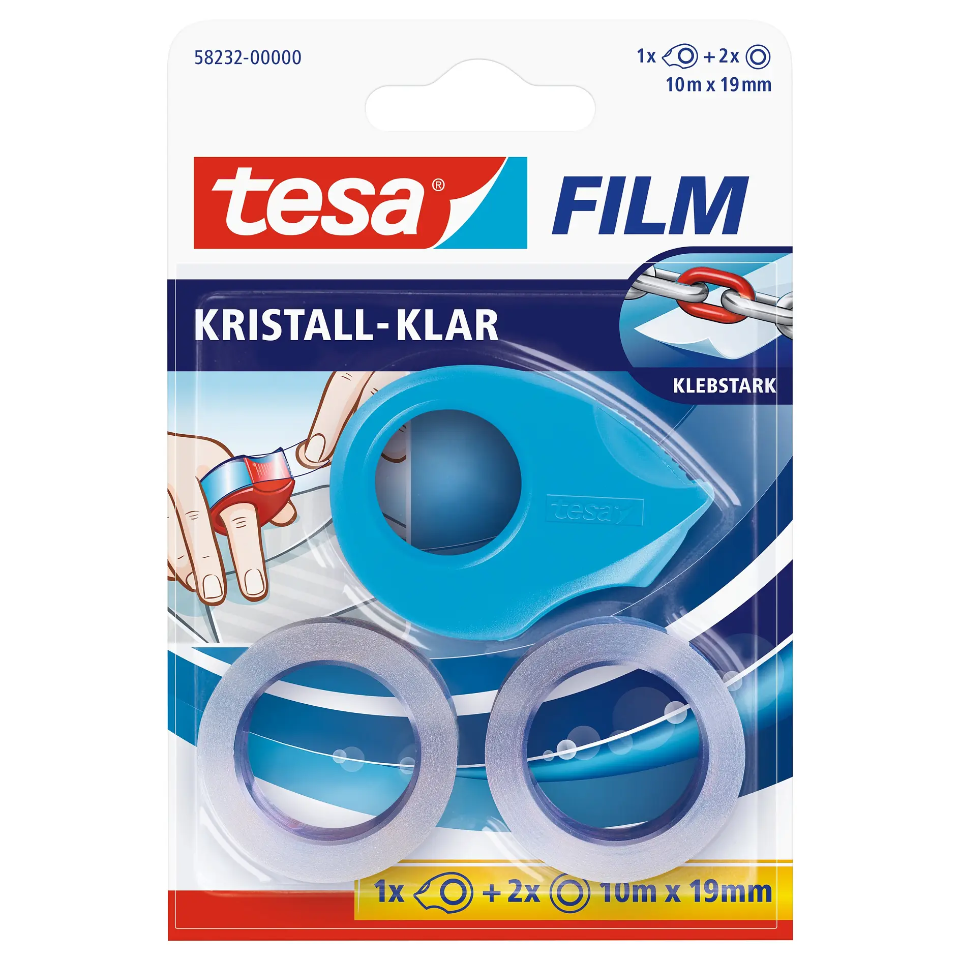 [en-en] 2 x tesafilm Crystal Clear 10m x 19mm + Mini Dispenser, Blue, Blister