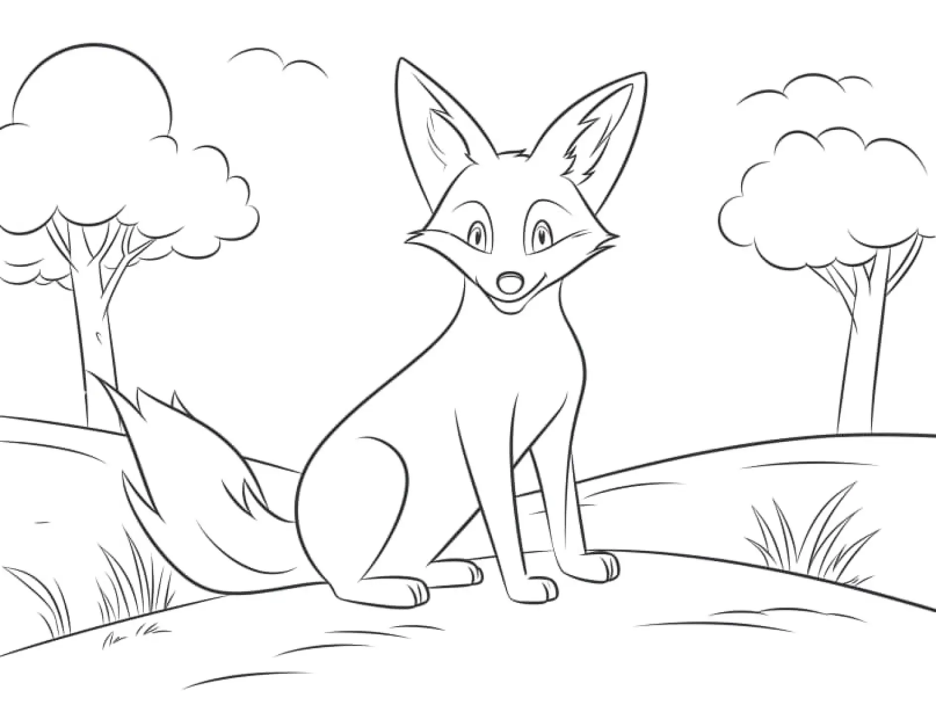 Ausmalbild Fuchs sitzt auf Wiese mit Bäumen