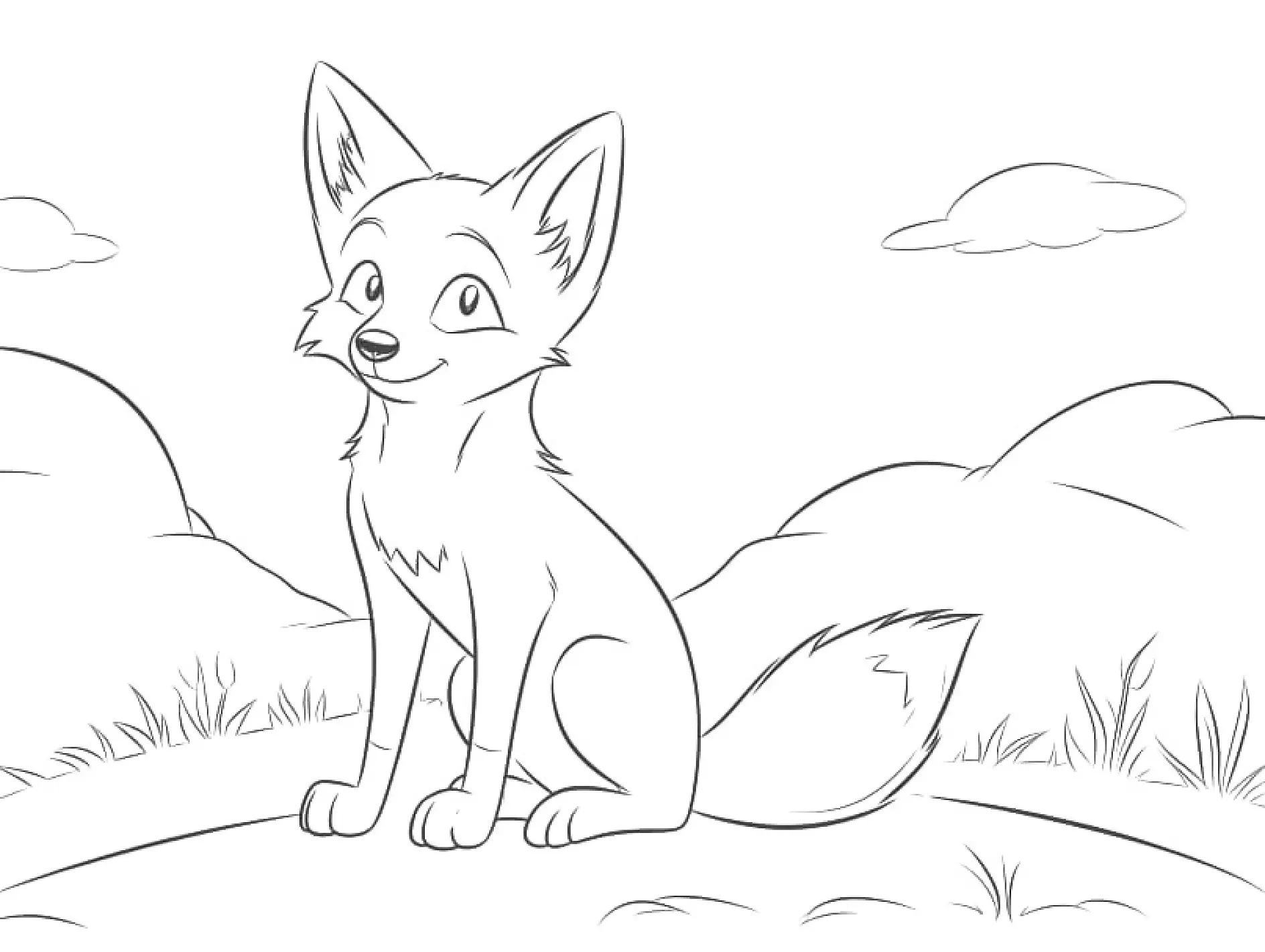 Ausmalbild Fuchs sitzt auf Wiese mit Hügeln