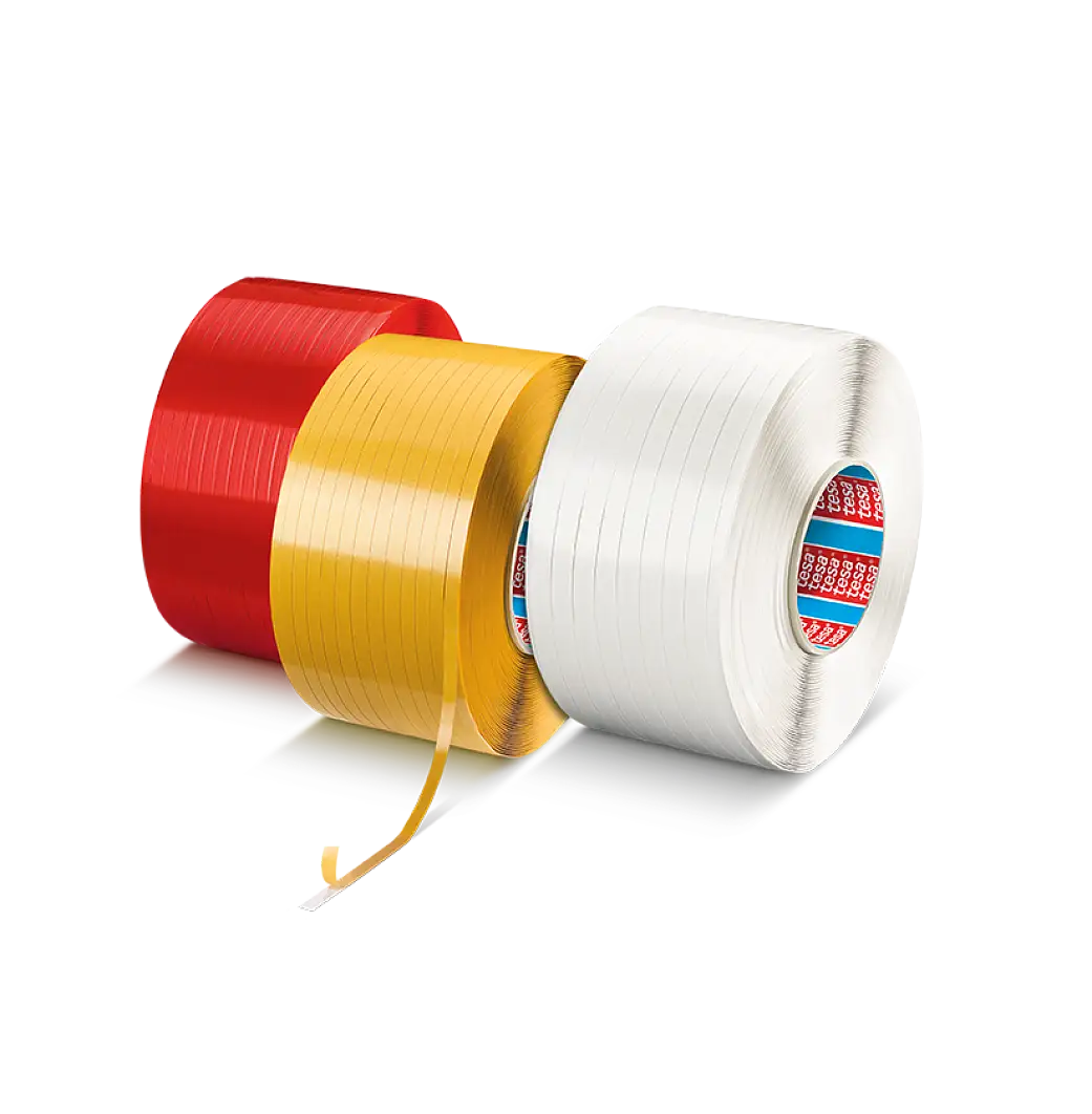 tesa double sided filmic tape in red, yellow and white colours.