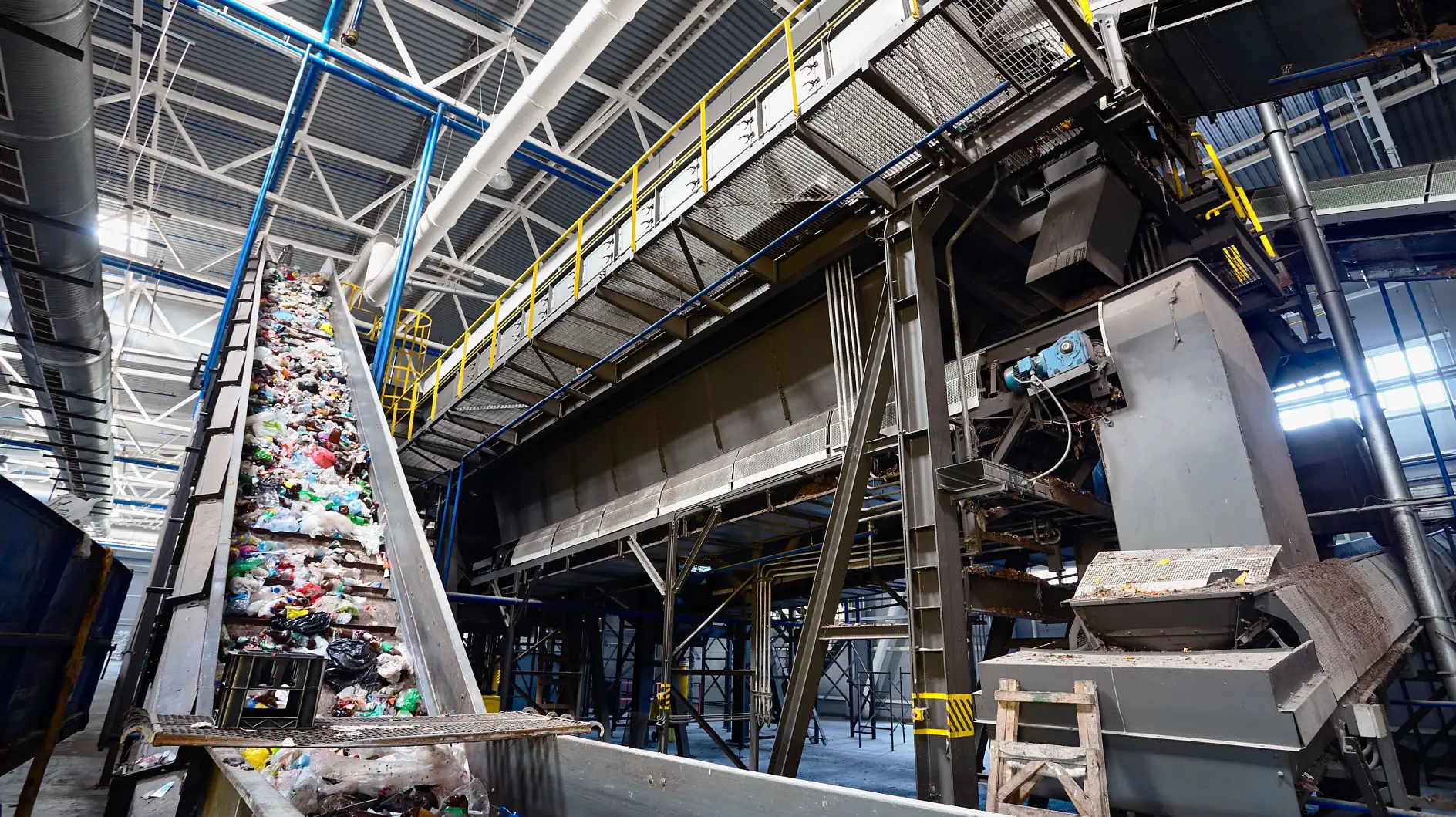 Large amount of plastic waste at a recycling plant