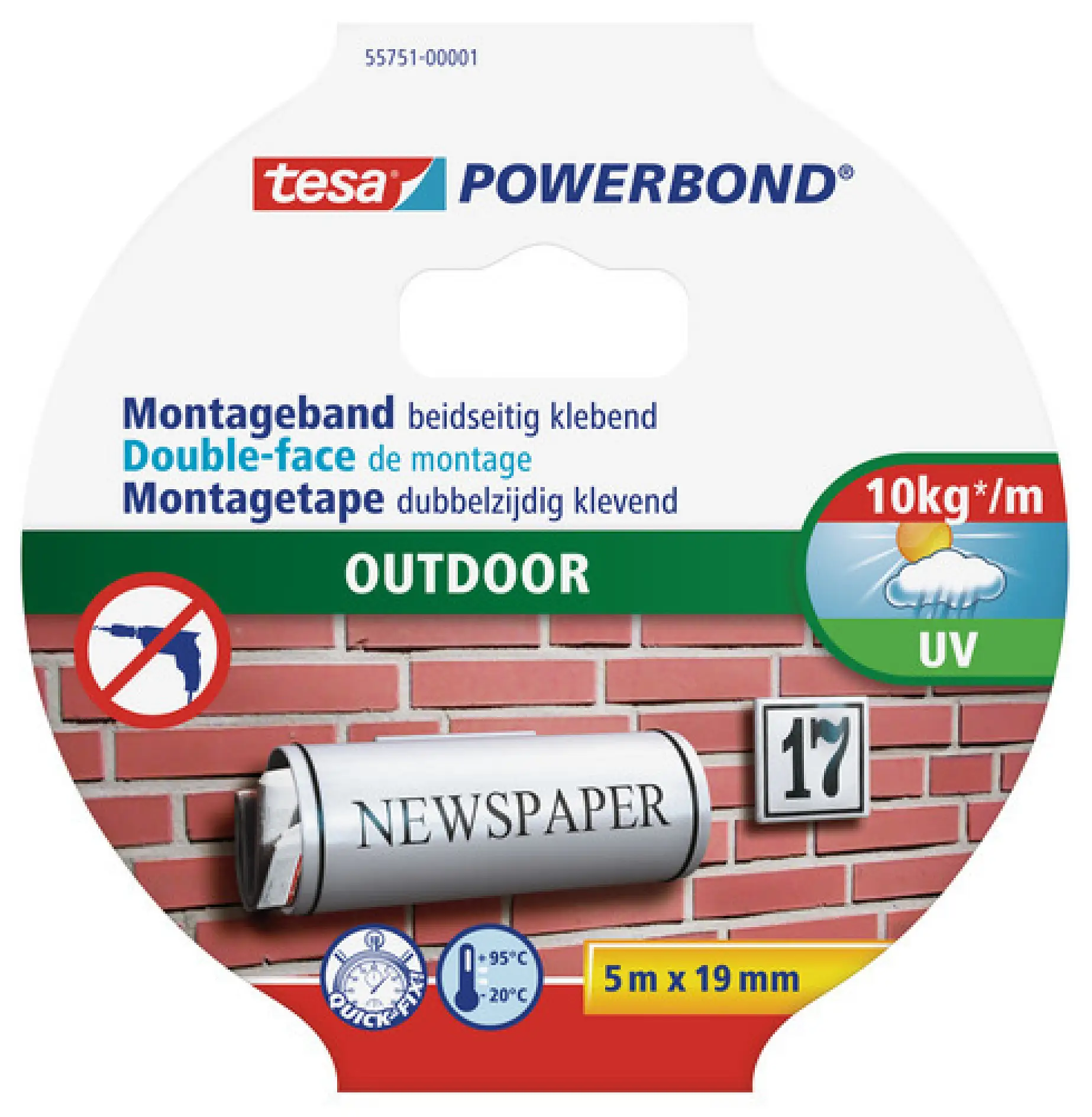 Attach things the easy way. Use tesa® Powerbond OUTDOOR and forget about nails, screws and drilling holes.
tesa® Powerbond OUTDOOR is a double-sided self-adhesive mounting tape suitable for a wide range of outdoor applications. It is not only weather-resistant, but also resistant against UV rays, water and adverse temperatures.
Use it to securely fix any flat object with a thickness of up to 10 mm. In good adhesive conditions, a strip of just 10 cm of this heavy-duty fixing tape is enough to hold a weight of up to 1 kg.