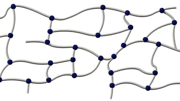 アクリル系粘着剤は長い鎖状のポリマー（高分子）を化学反応やUV照射、電子ビーム焼入れなどの様々な手法で架橋結合させています。