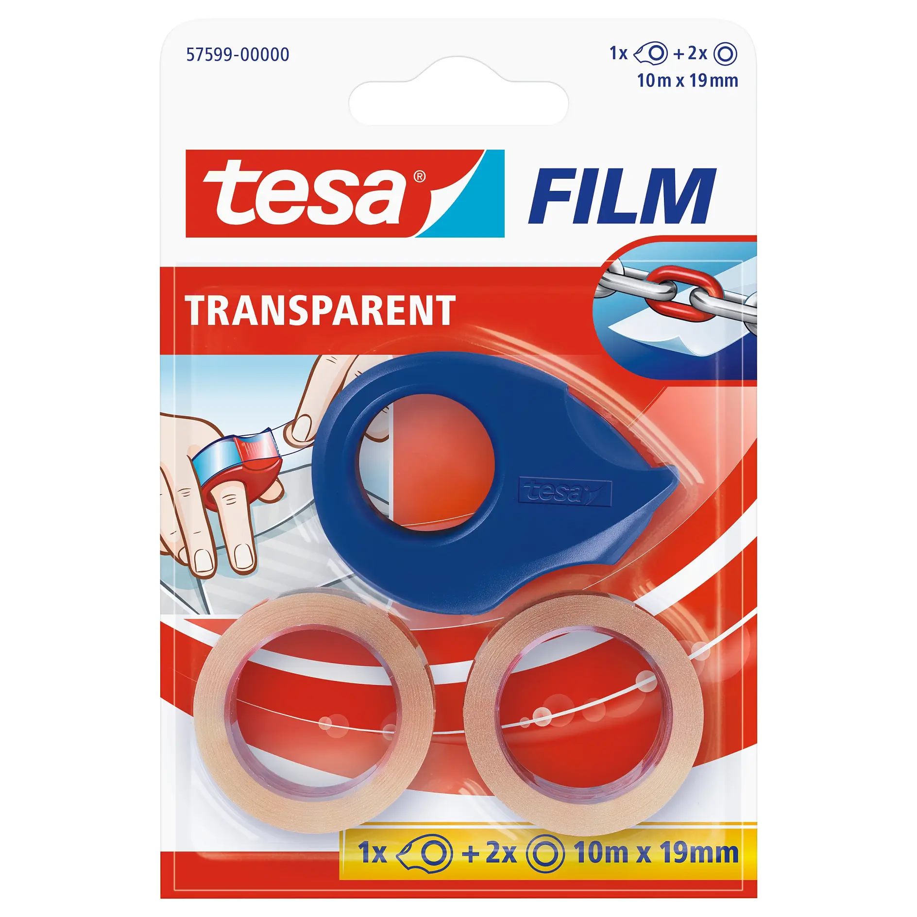 [en-en] 2 x tesafilm Transparent 10m x 19mm + Mini Dispenser, Red-Blue, Blister