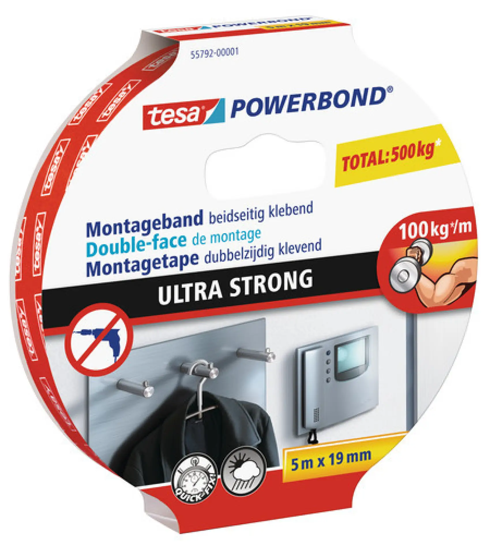 tesa® Powerbond Ultra Strong is the clever way to hang objects without using nails or screws. This double-sided mounting tape will stick to most smooth, firm surfaces. It’s the ideal mounting tape to use if you are hanging objects with a thickness of up to 10 mm and a weight of up to 6 kg. In ideal conditions, a strip of just 10 cm is enough to hold a weight of up to 10 kg.
