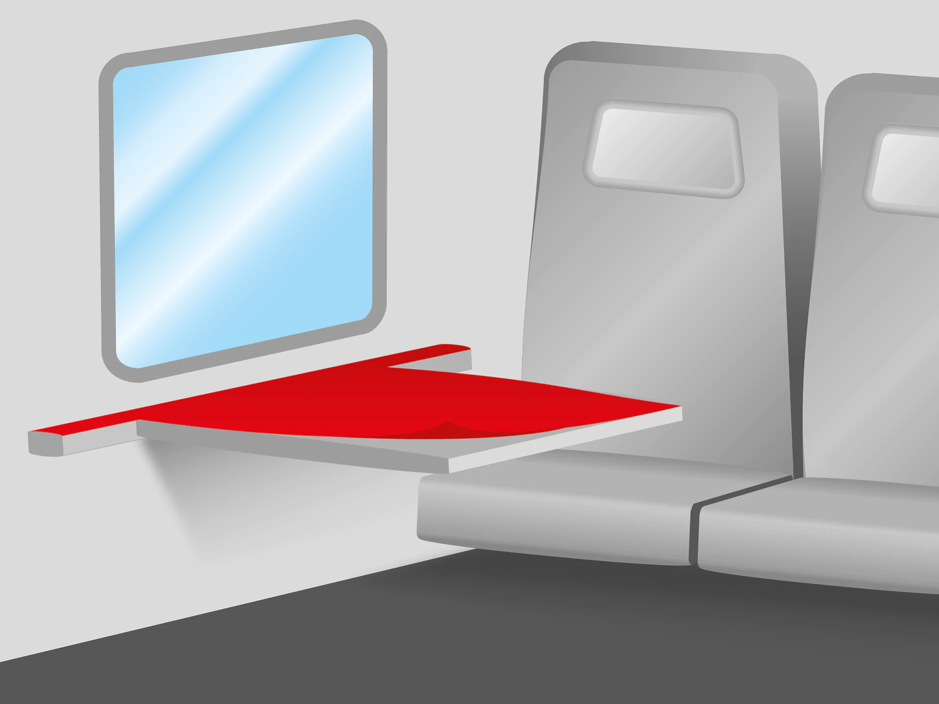 Ilustrace interiéru letadla zobrazující dvě šedá sedadla vedle okna. Mezi oknem a sedadly je rozložený červený skládací stolek, umístěný ve výšce opěrky ruky. Okno ukazuje světle modrou oblohu. (This text has been generated by AI)