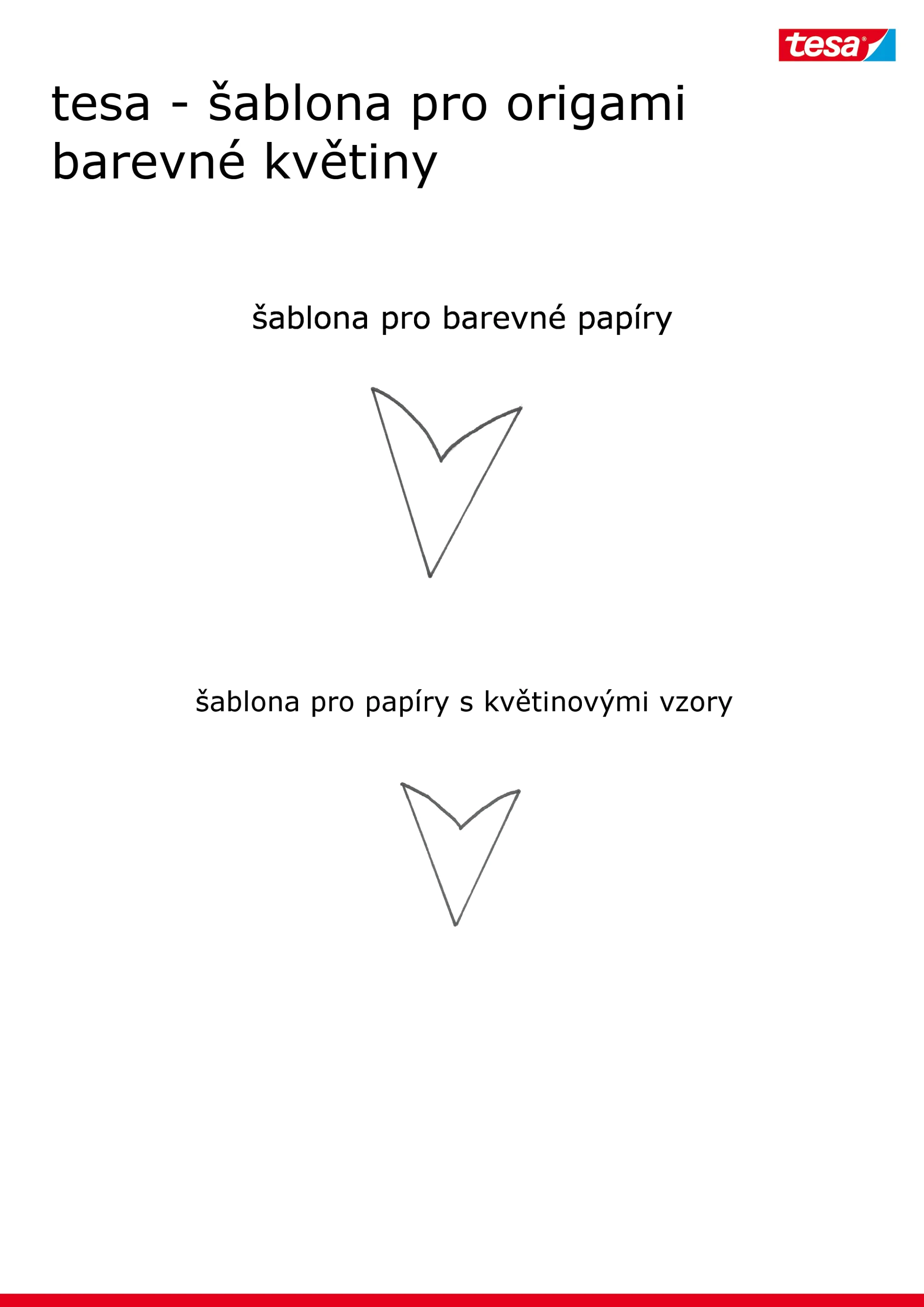 Na obrázku je instruktážní list od společnosti tesa pro barevné květiny origami. Vyznačuje se dvěma šablonami šipek: horní je označena „šablona pro barevné papíry“ a spodní „šablona pro papíry s květinovými vzory. (This text has been generated by AI)