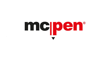 Na obrázku je logo s textem mcpen. Písmena mc jsou černá a pero je červená. Svislá čára p se táhne dolů a končí malým černým trojúhelníkem, připomínajícím špičku pera. (This text has been generated by AI)