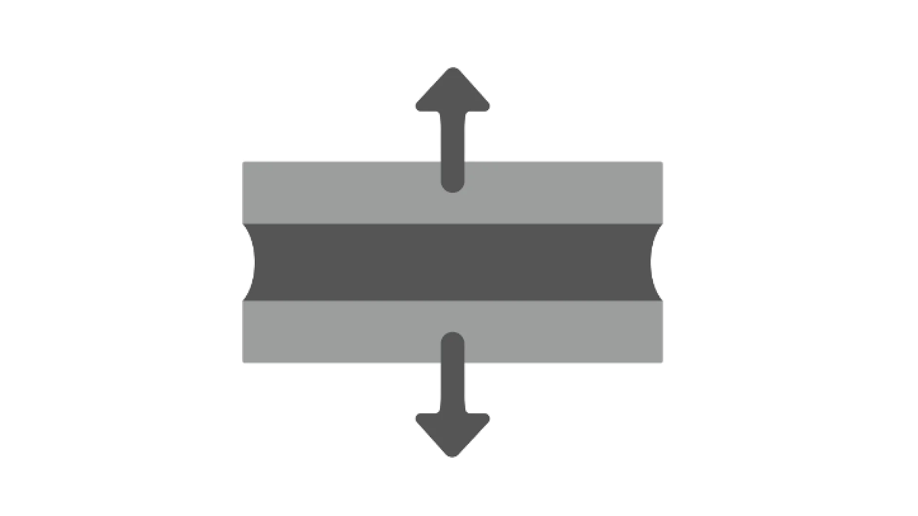 Šedá ikona zobrazující dva vodorovné obdélníky s tmavým pruhem uprostřed. Nad obdélníky je šipka směřující nahoru a pod nimi šipka směřující dolů, což naznačuje koncept roztažení, stlačení nebo pohybu pomocí pásky tesa. (This text has been generated by AI)