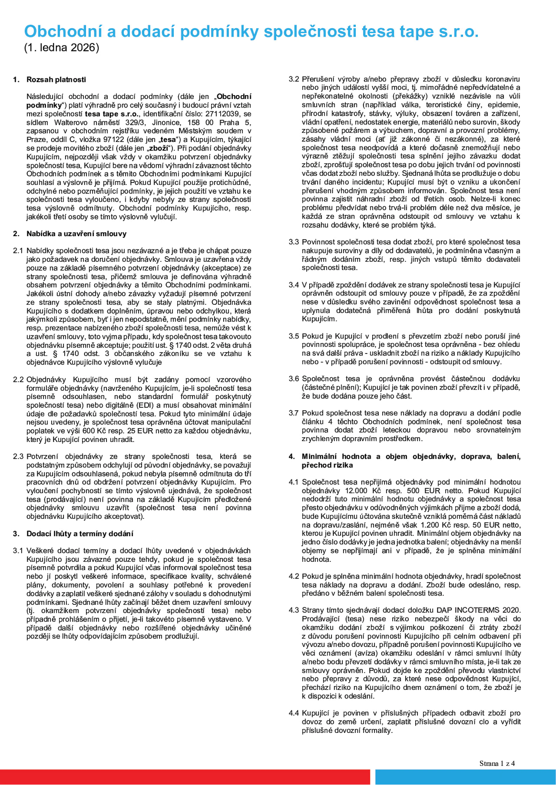 Obchodní a dodací podmínky společnosti tesa tape s.r.o.