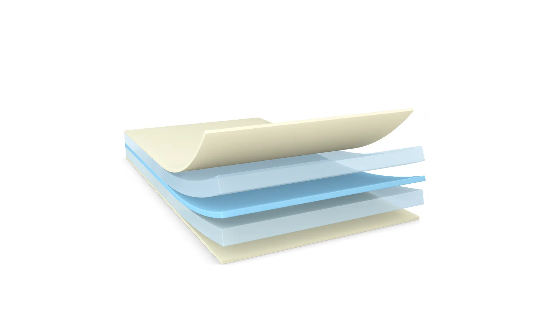 A stack of semi-transparent sheets layered on top of each other. The bottom layer is opaque, cream-colored, while the three middle layers are translucent blue. The top layer is similar to the bottom one, partially peeled back at the corner with tesa tape visible. (This text has been generated by AI)