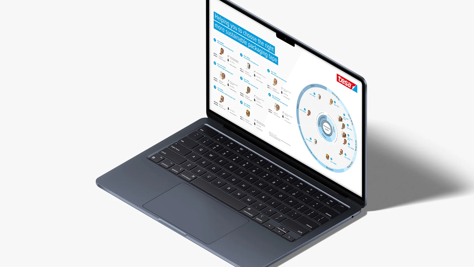 A laptop with a black keyboard is open, displaying a screen. On the screen is a circular diagram with text and images, along with a tesa tape logo in the top right corner. The laptop is positioned on a light surface with a shadow cast to the right. (This text has been generated by AI)