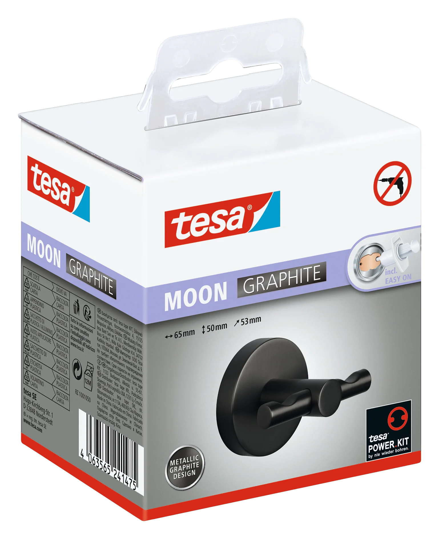 Je zobrazena krabice lepicích háčků tesa Moon Graphite. Obal má kovový grafitový design s rozměry a zvýrazňuje odlupovací efekt pro snadné odstranění bez poškození. Značka a podrobnosti o produktu jsou vytištěny na krabici. (This text has been generated by AI)