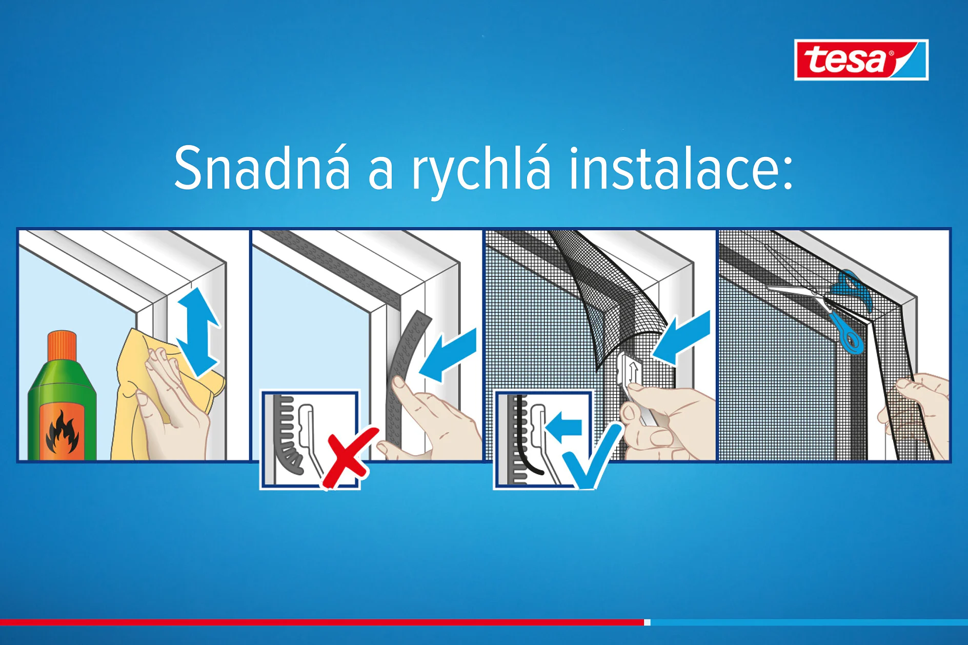 Ilustrace znázorňující proces instalace okna ve čtyřech krocích. Krok 1: Očistěte hadříkem a čističem. Krok 2: Odstraňte starý pásek. Krok 3: Aplikujte nový pásek tesa. Krok 4: Ořízněte přebytek. Logo Tesa v rohu. Text: Snadná a rychlá instalace. (This text has been generated by AI)