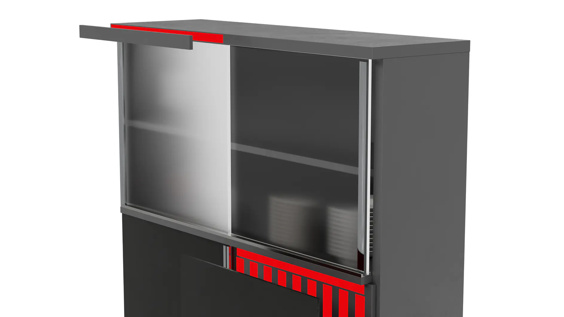 A gray cabinet with a sliding door, featuring a red and black design at the bottom. The door is partially open, revealing two shelves with a couple of gray cylindrical objects inside. (This text has been generated by AI)