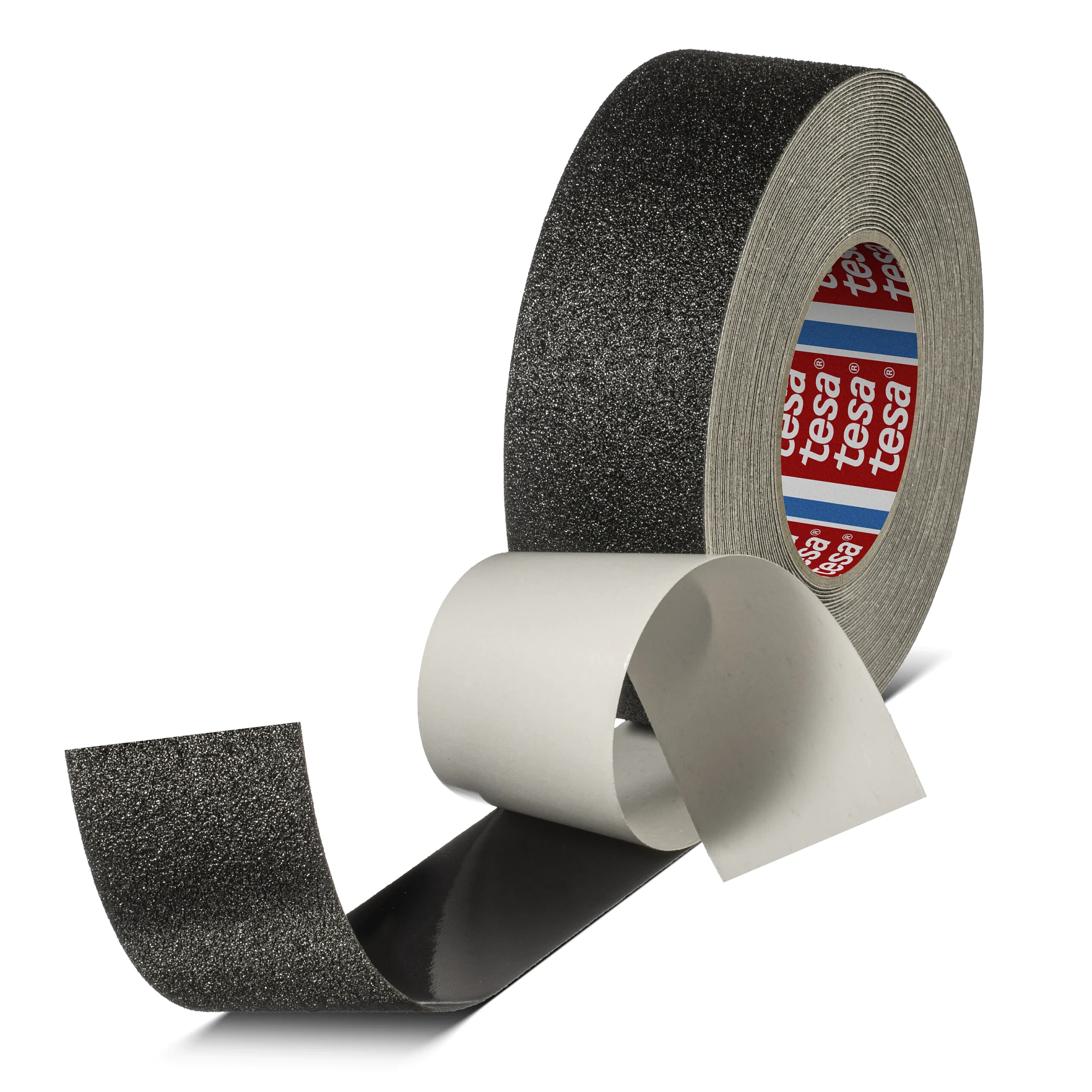 roll of tesa black anti-slip tape partially unrolled on white background, showing textured surface and adhesive backing (This text has been generated by AI)