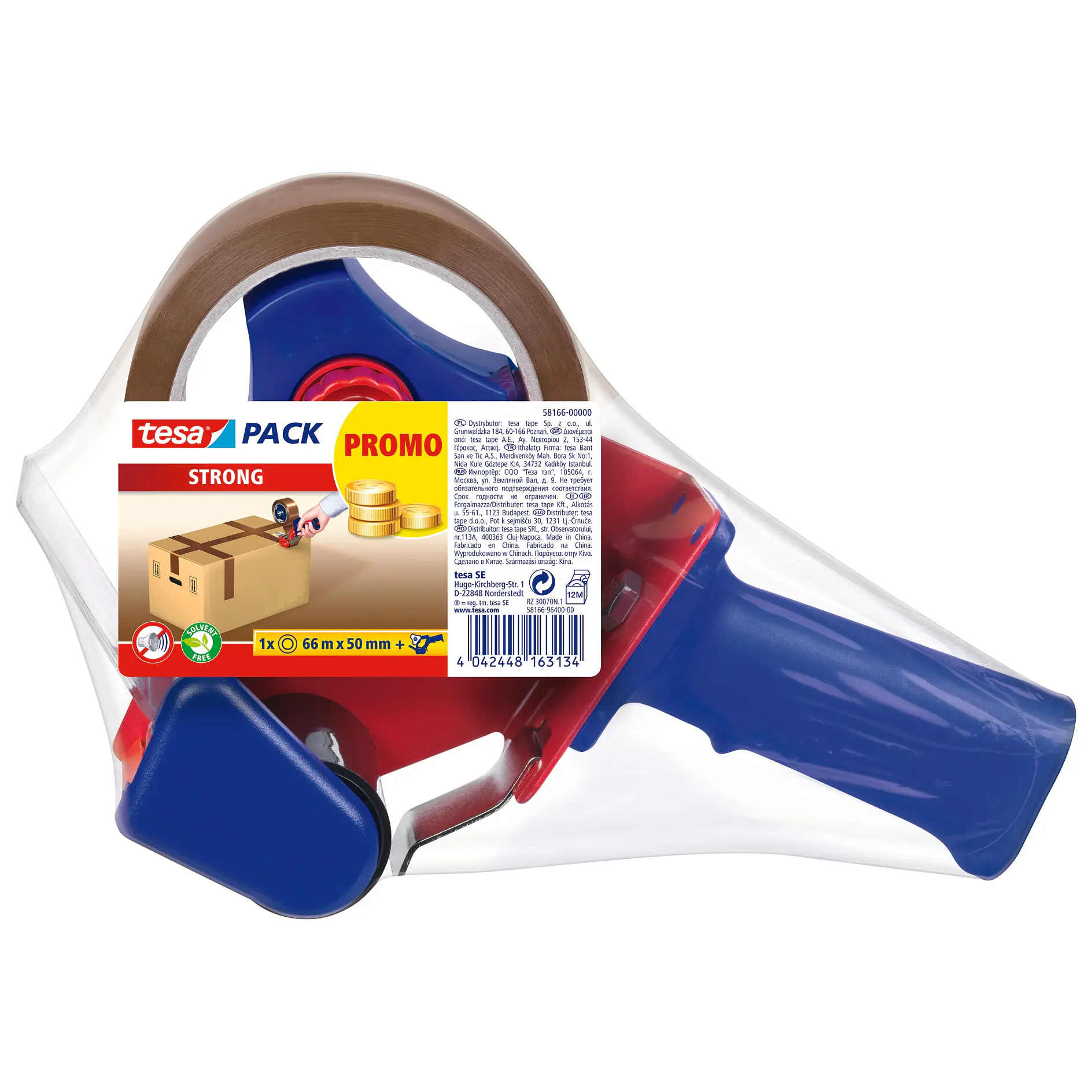 tesa branded blue and red tape dispenser with brown packing tape, shown on a white background for packaging use (This text has been generated by AI)