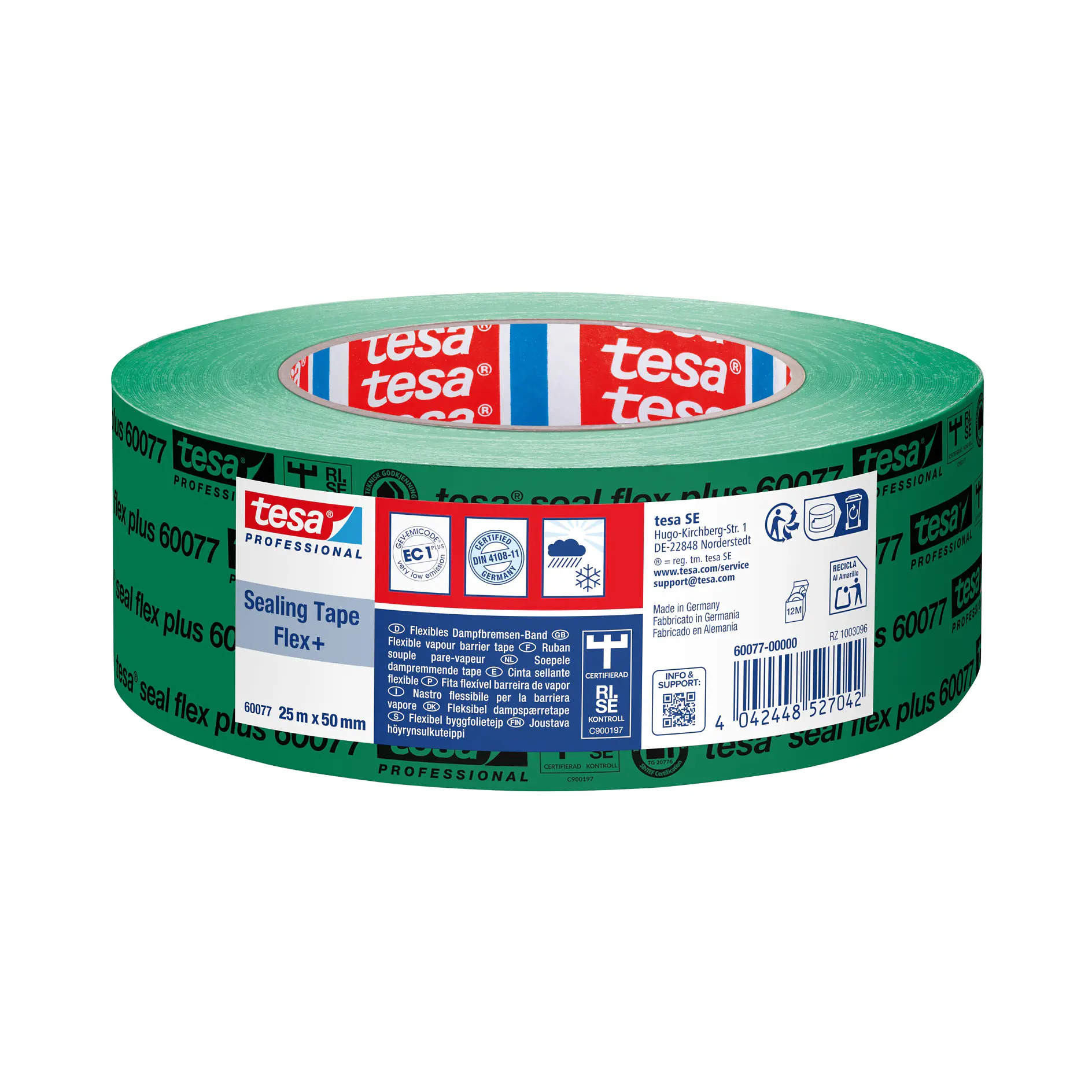 Green tesa sealing tape roll with product label showing usage instructions and branding, displayed on a white background. (This text has been generated by AI)