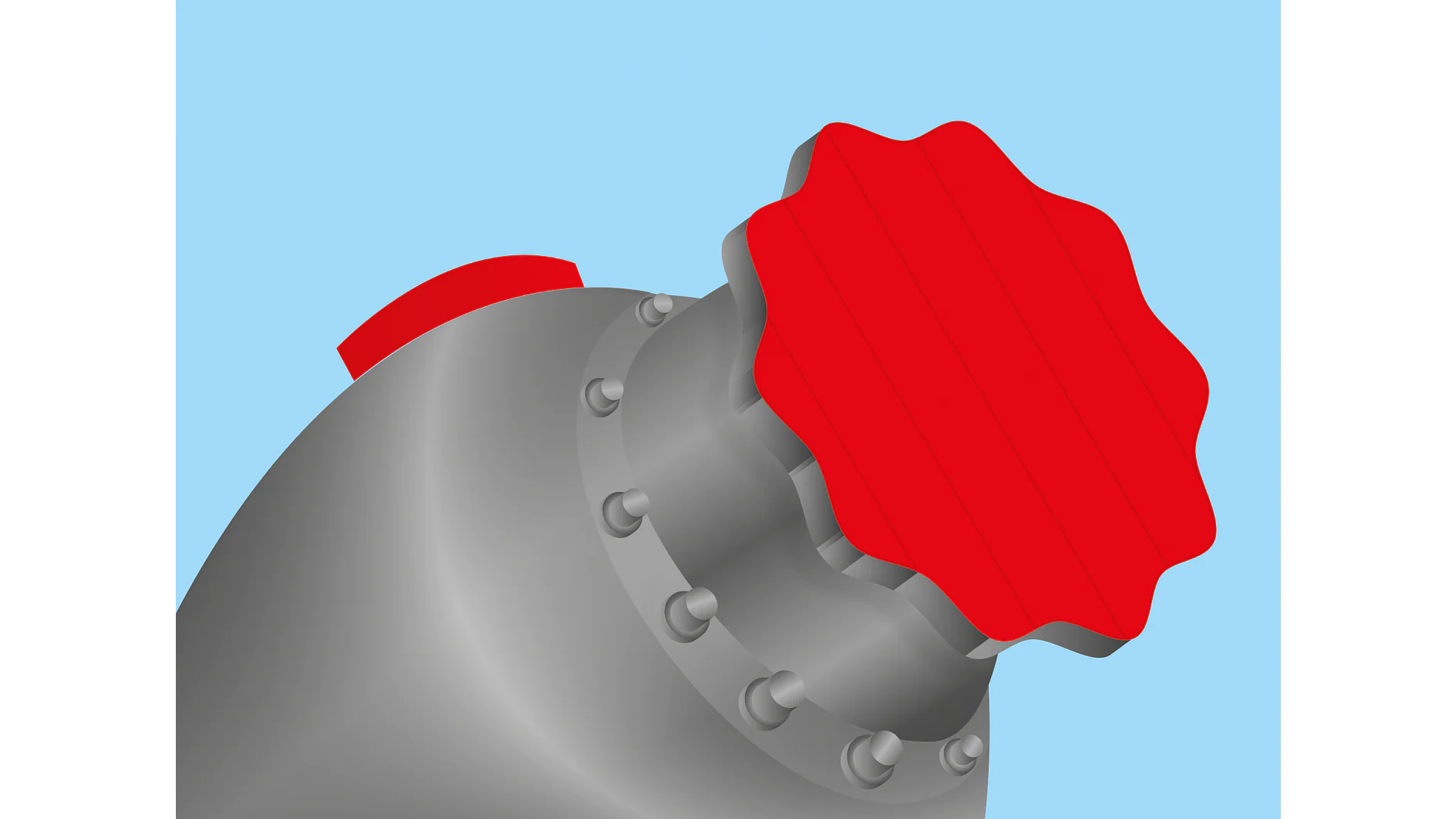 Illustration of a large, metallic gray cylindrical valve with multiple bolts around its base, topped by a red, faceted, round handle. The background is a light blue color. (This text has been generated by AI)
