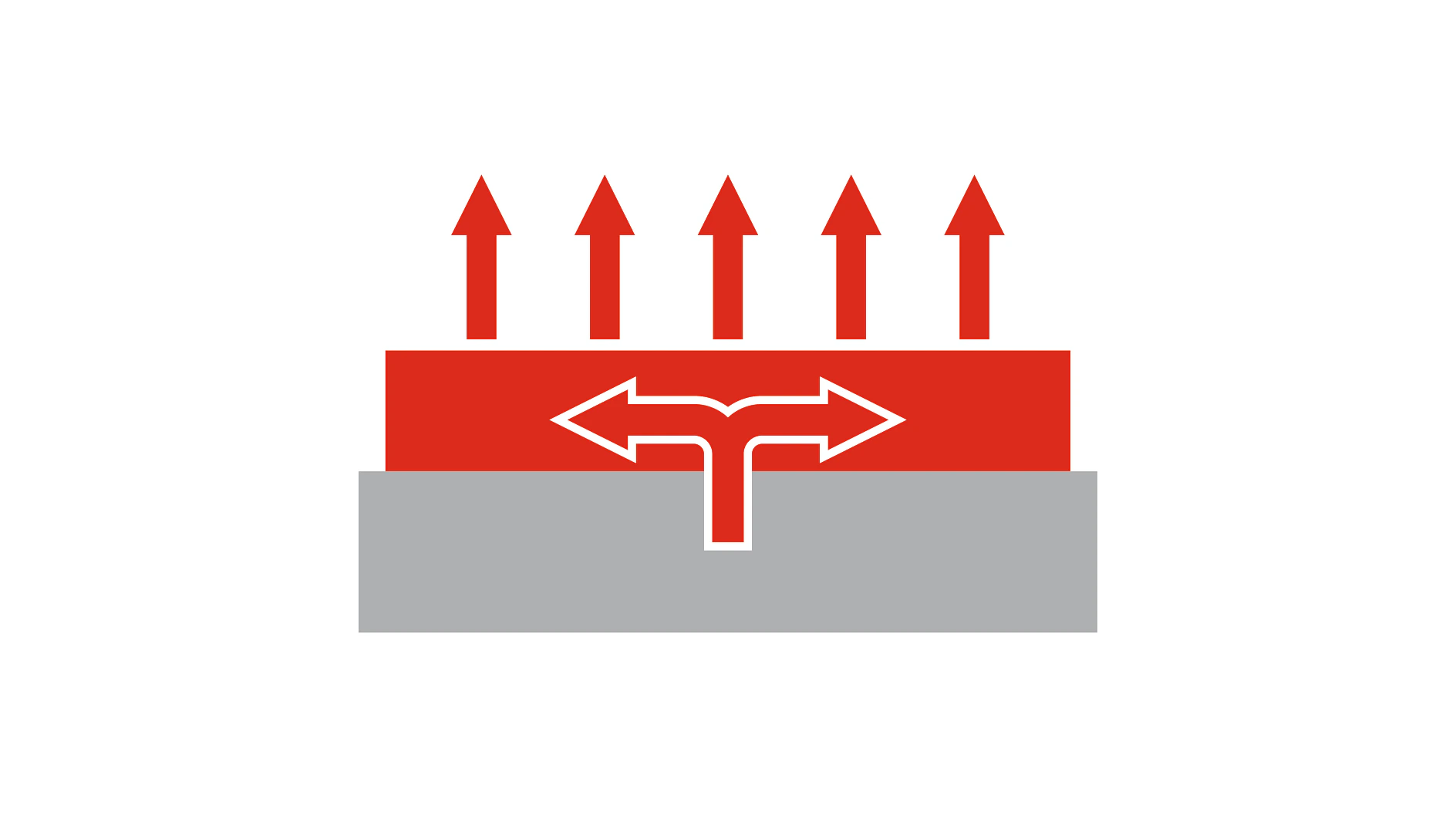 Illustration of heat dissipation concept. Red arrows pointing upward from a red bar indicate heat rising. A white double-headed arrow on the red bar illustrates horizontal movement. The bottom half is gray, representing a solid surface held securely by tesa tape. (This text has been generated by AI)