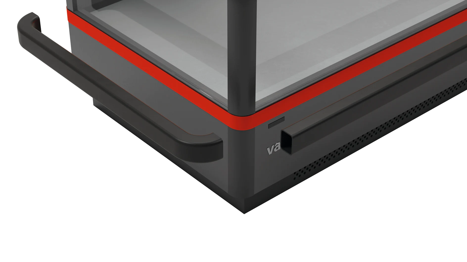 Empty refrigerated display case with curved glass and red trim in a clean indoor setting (This text has been generated by AI)