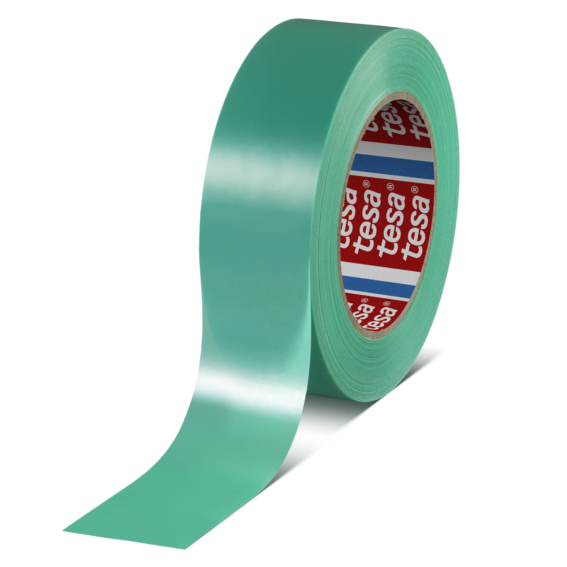 green tesa adhesive tape roll standing upright on a white background with red and white branded core visible (This text has been generated by AI)