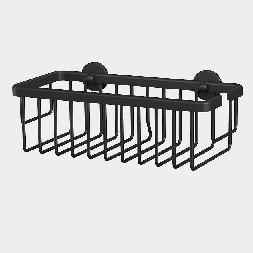 A black metal wall-mounted wire basket with two suction cups for attachment using tesa tape. The basket has a rectangular shape and open grid design, suitable for holding small items. The background is plain white. (This text has been generated by AI)