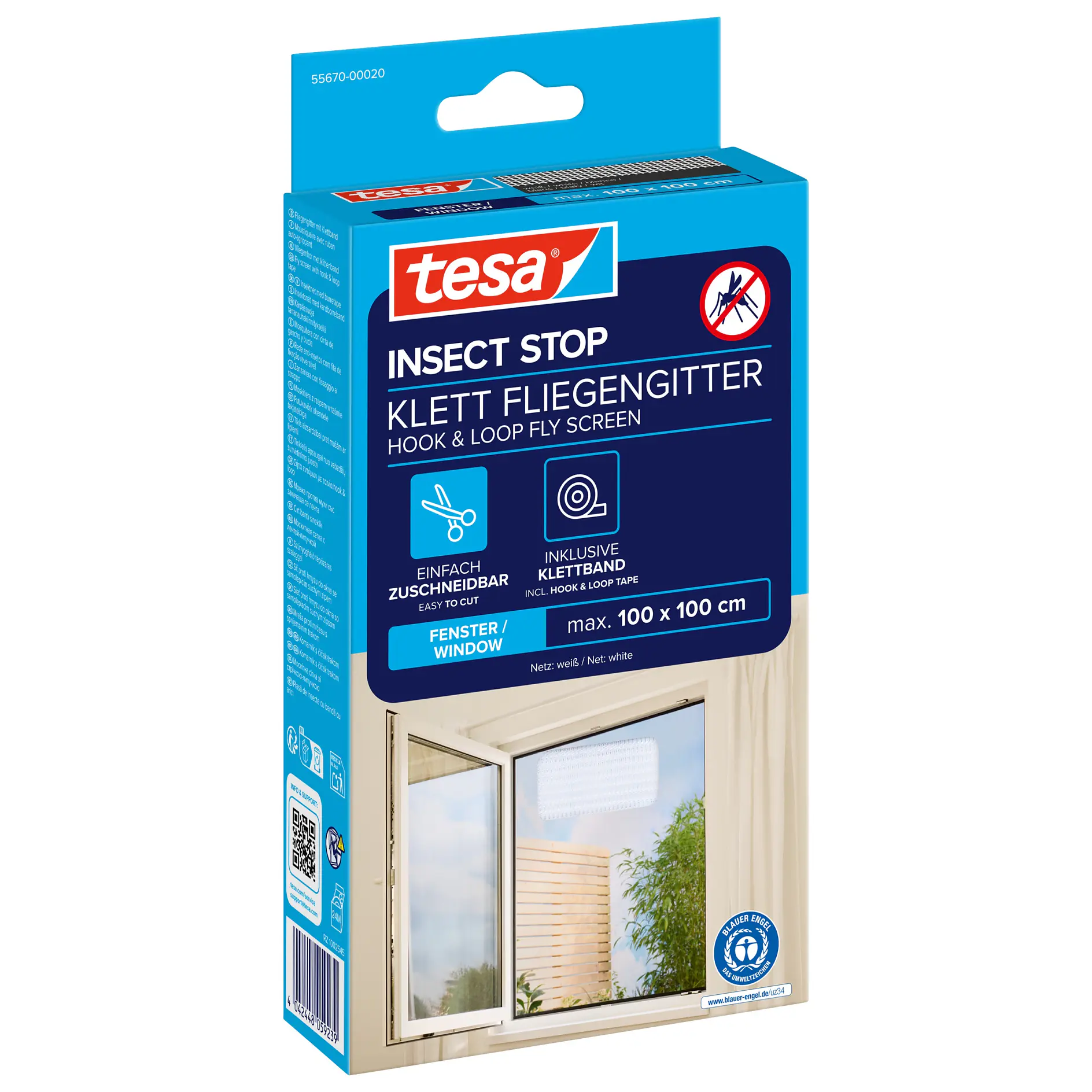 tesa insect stop hook and loop fly screen kit for windows, blue and white packaging with product image and dimensions 100x100 cm (This text has been generated by AI)