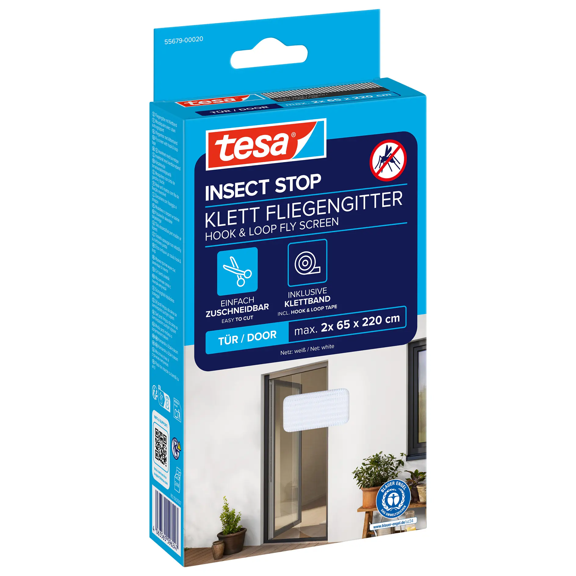 tesa insect stop hook and loop fly screen for doors, blue packaging with product image and key features displayed (This text has been generated by AI)