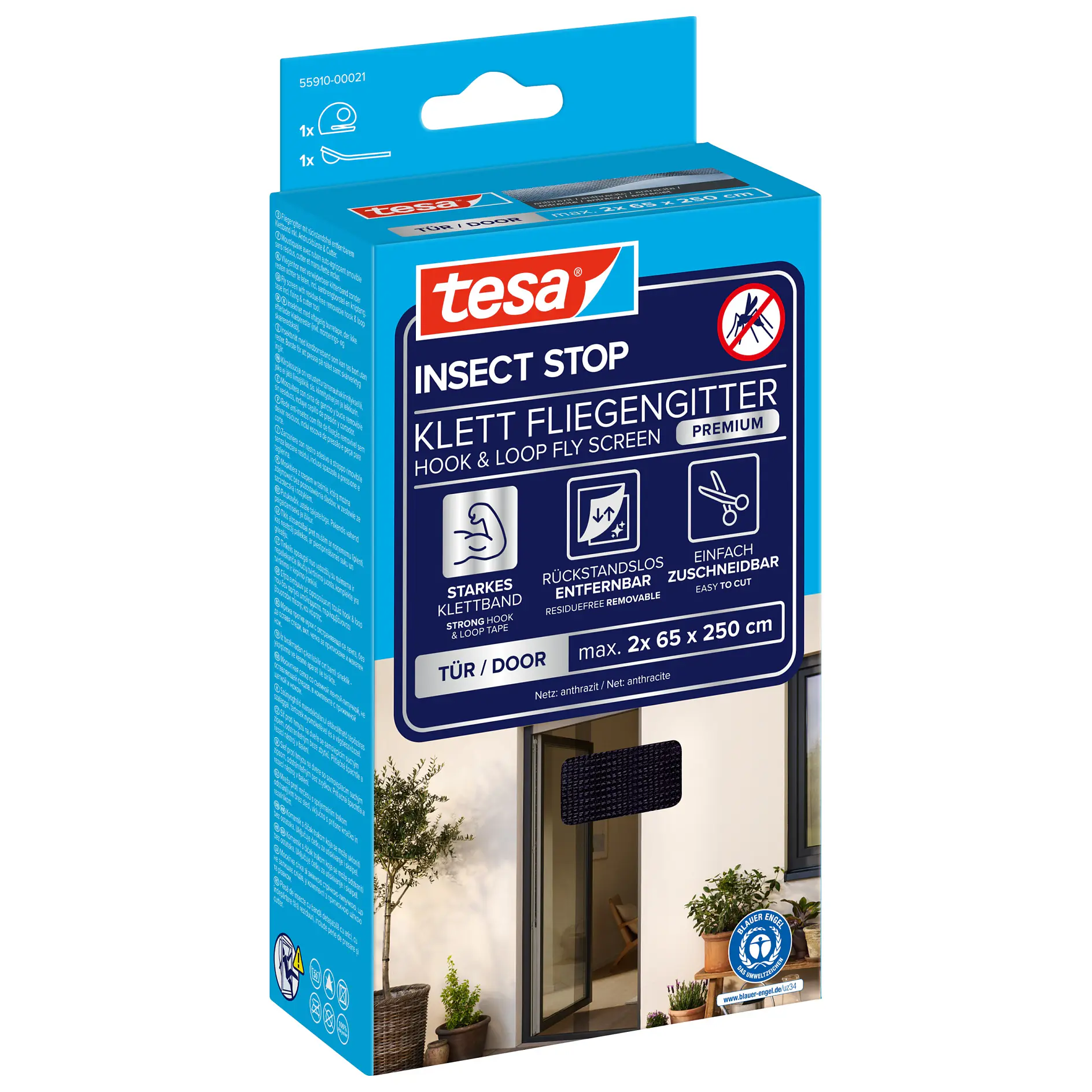 tesa insect stop hook and loop fly screen packaging showing a door installation for insect protection in a home setting (This text has been generated by AI)