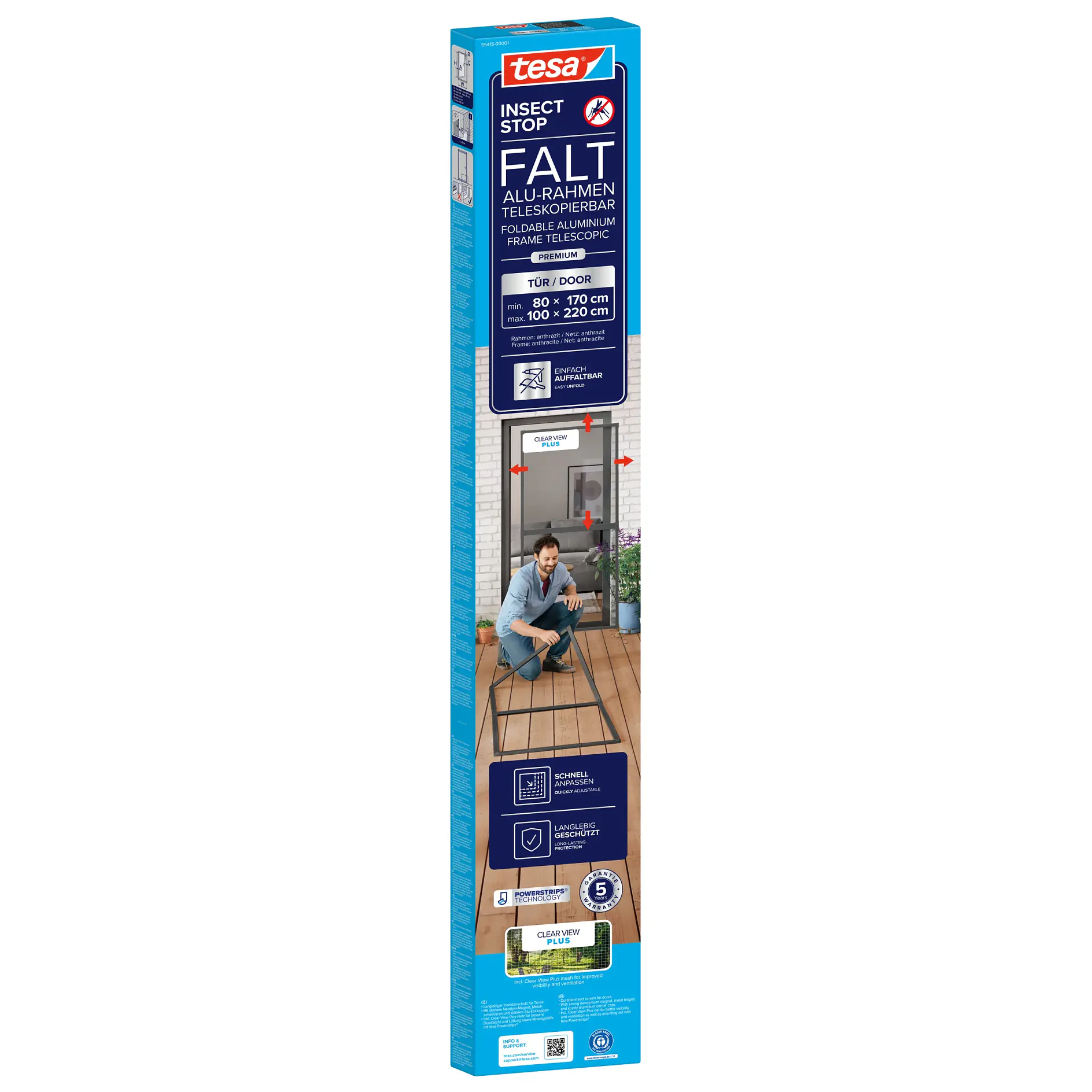 tesa impact stop floor protection strip for doors, shown in packaging with installation scene in a modern indoor setting (This text has been generated by AI)