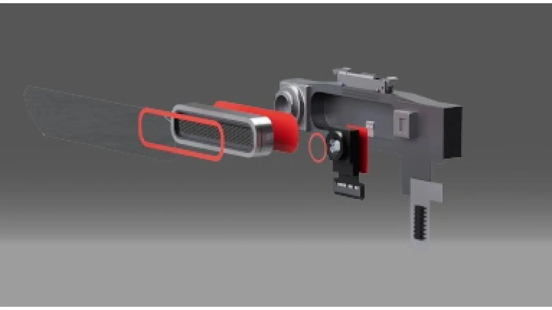 Exploded view of a mechanical lock assembly with visible components such as a keyhole, latch mechanism, and cylindrical parts. The pieces are separated to show the individual elements in detail, with some parts highlighted in red using tesa tape. (This text has been generated by AI)