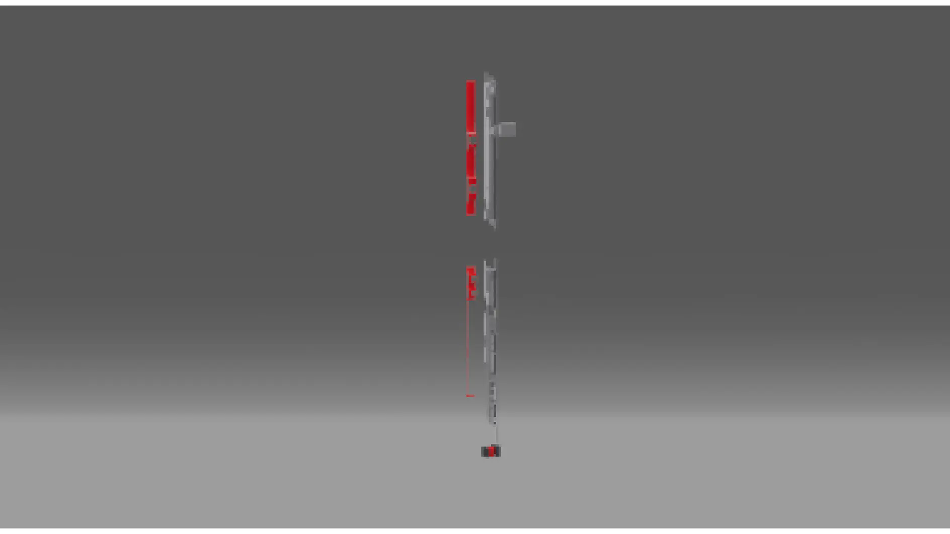A tall, thin structure with red and gray vertical segments stands on a gray surface against a darker background. The structure appears to have rectangular components with some protruding elements, securely joined together using tesa tape for a reliable hold. (This text has been generated by AI)