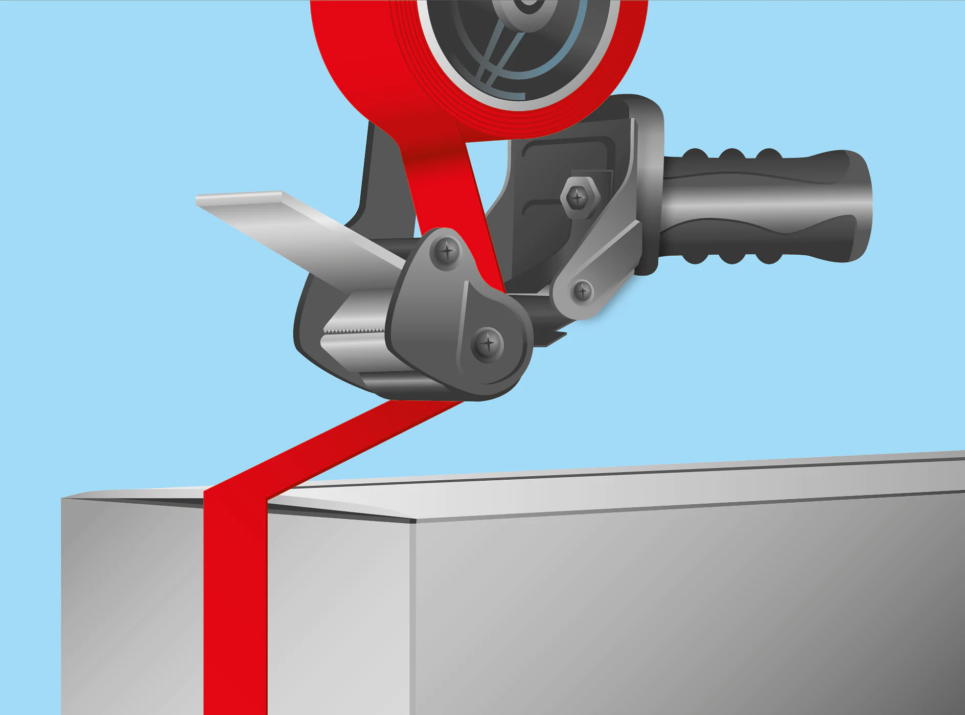 Illustration of a tape dispenser applying red tesa tape to a cardboard box. The box is partially open and the tesa tape is being pulled across the top, ready for sealing. The background is light blue. (This text has been generated by AI)