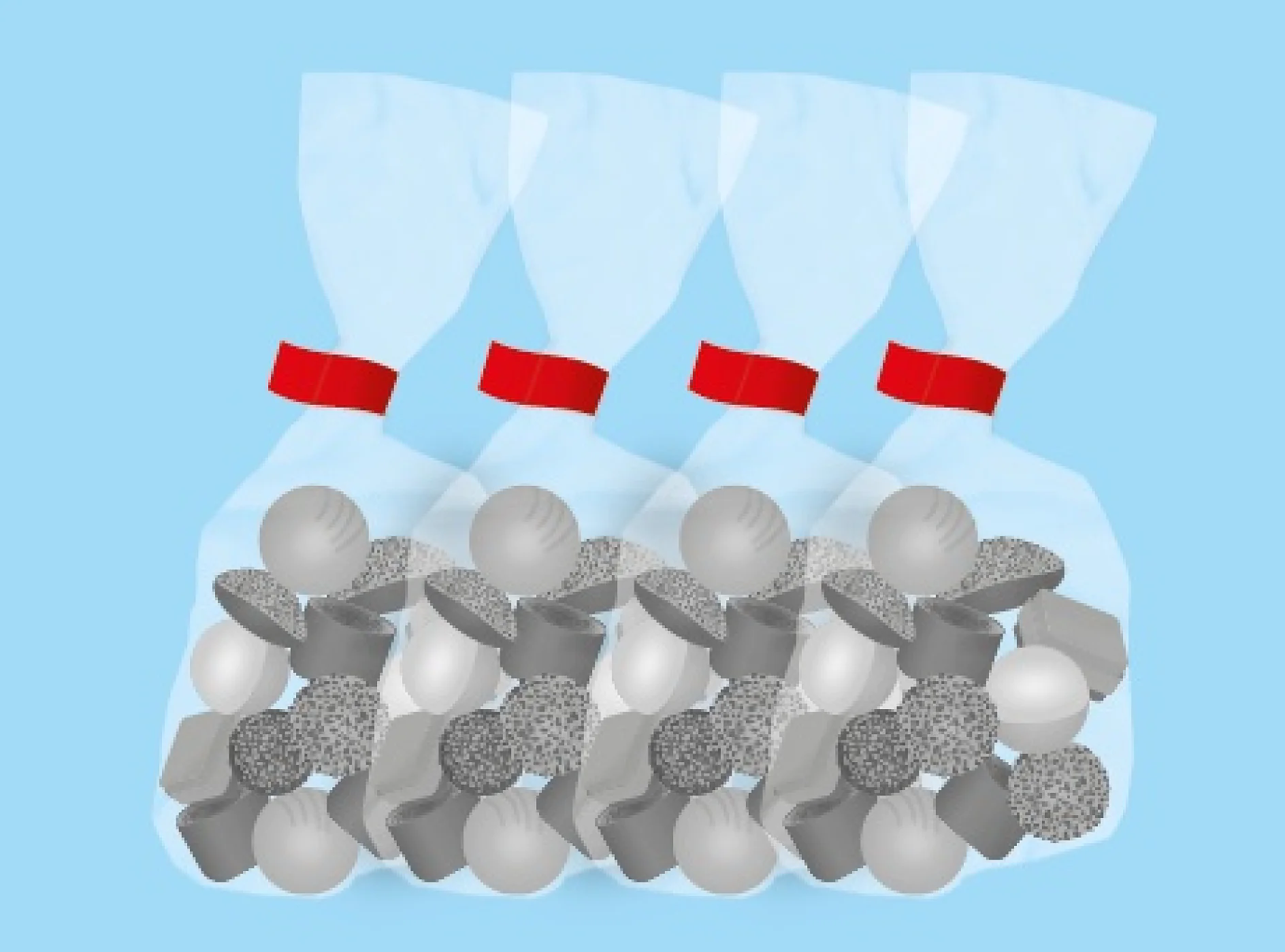 Illustration of four transparent bags filled with round charcoal briquettes. The bags are sealed with tesa tape and set against a light blue background. (This text has been generated by AI)