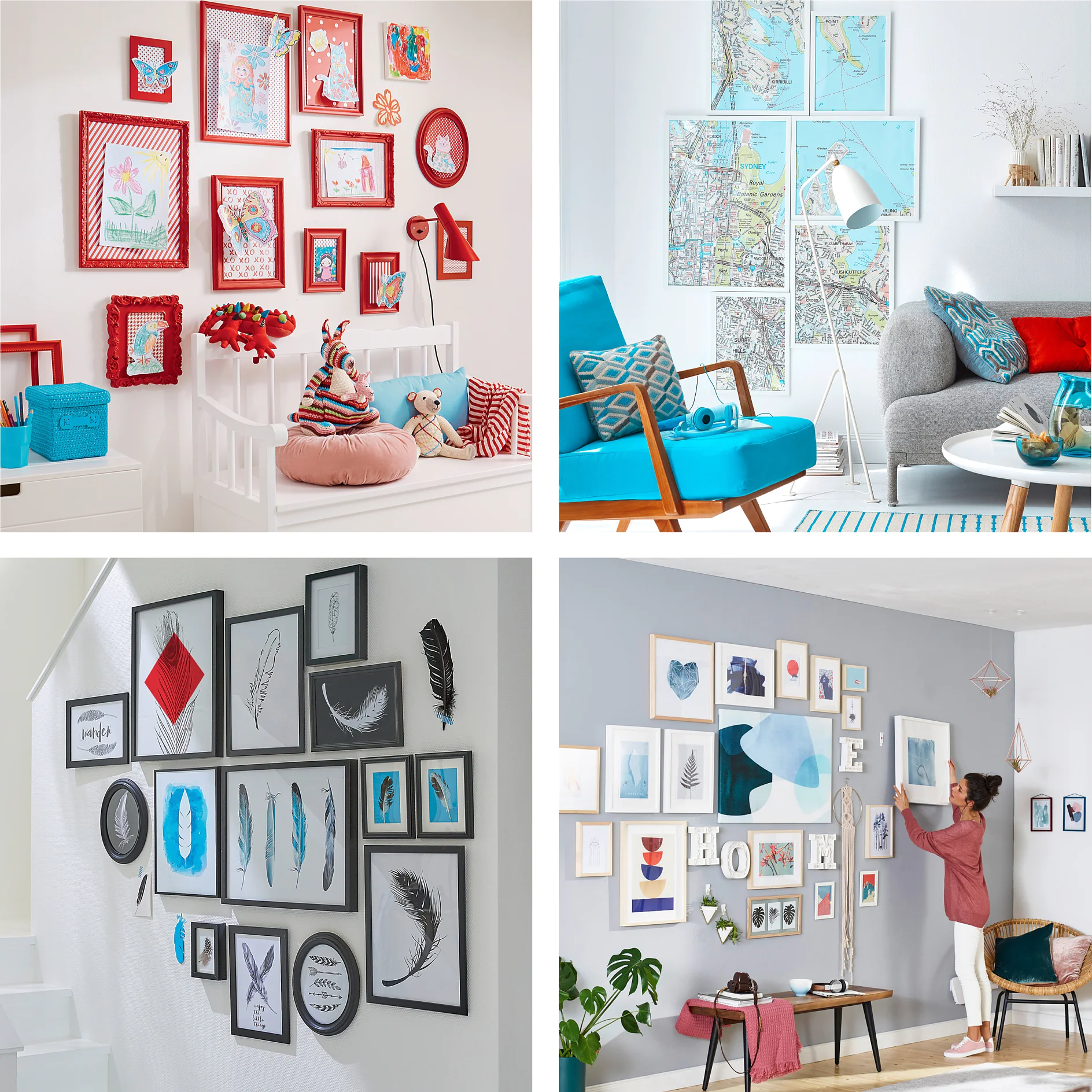 A collage of four home interior images. Top left: red-framed art on a white wall secured with tesa tape. Top right: map art behind gray and turquoise seating held in place by tesa tape. Bottom left: black and white framed feather art affixed with tesa tape. Bottom right: woman arranging art in a white and blue-themed room, using tesa tape for a perfect setup. (This text has been generated by AI)