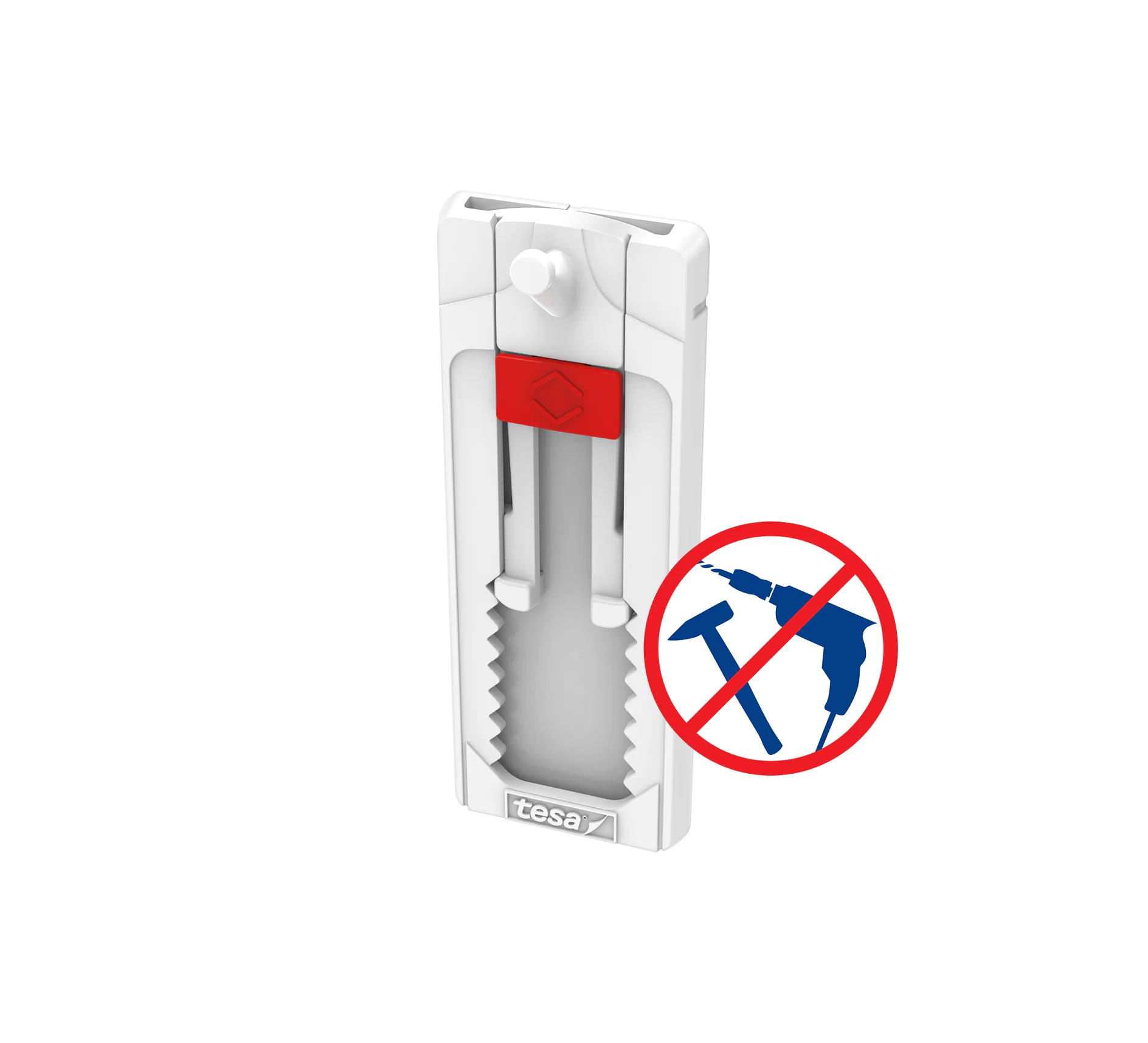 A white wall hanging strip with red accents, featuring a serrated edge on one side. Next to it is a red circle with a diagonal line crossing out a hammer and drill symbol, indicating no tools are required. The strip uses tesa tape, known for its reliable adhesive qualities that eliminate the need for any tools. (This text has been generated by AI)